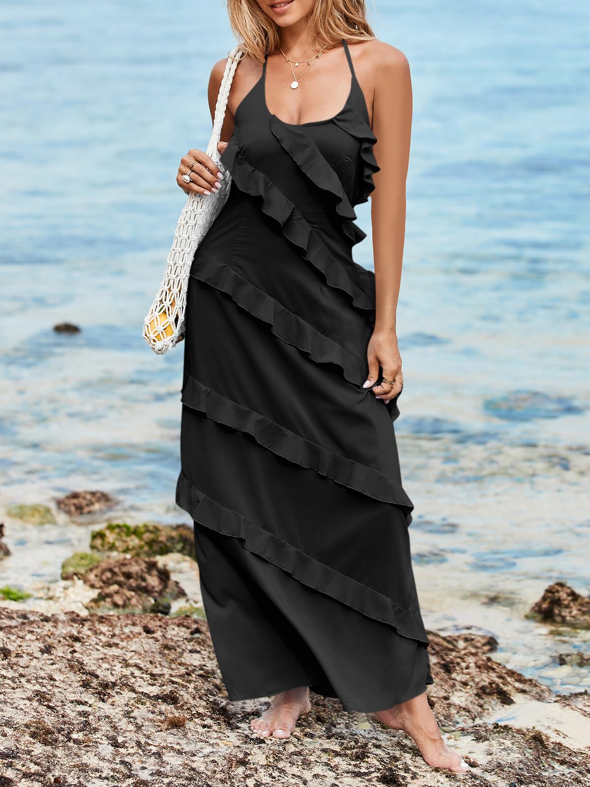 Imiy Bela Womens Sexy Chiffon Halter Maxi Dress Sleeveless Backless Ruffle Tassel Party Club Dresses