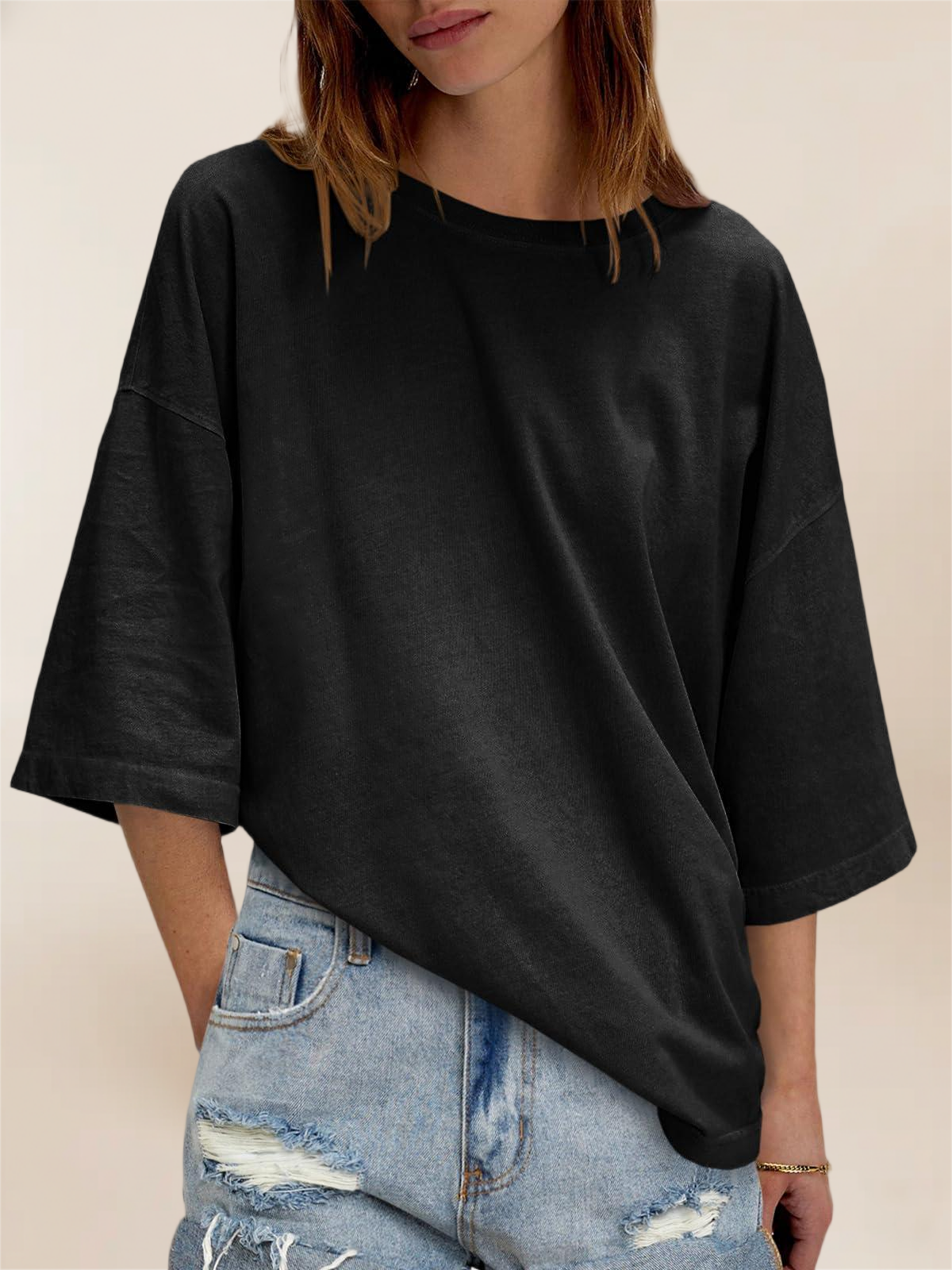 Imily Bela Womens Oversized Half Sleeve T-Shirts Summer Casual Crew Neck Tunic Tops Loose Fit Boxy Basic Tees