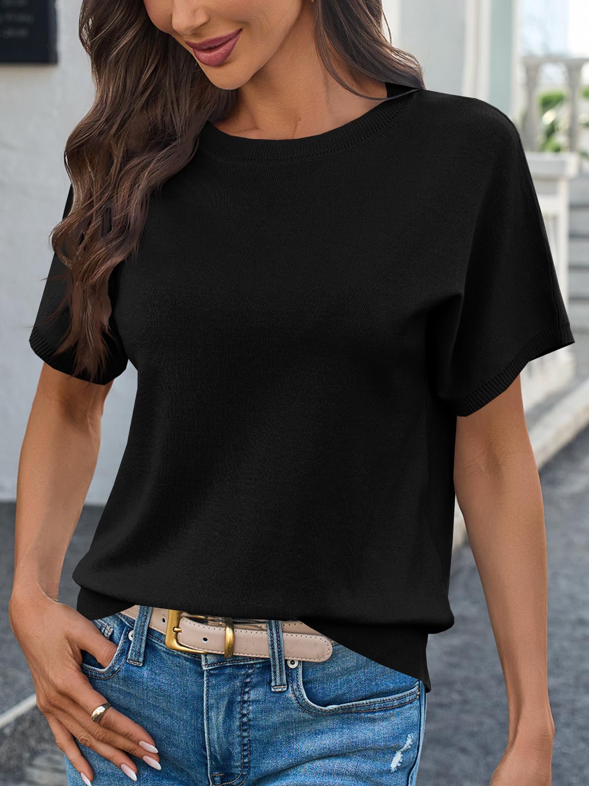 Fine-Knit Short-Sleeve Sweater Tee
