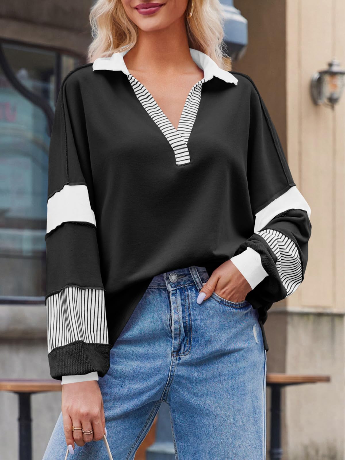 Imily Bela Womens Color Block Oversized Sweatshirt Polo V Neck Long Sleeve Shirts Casual Loose Pullover Tops