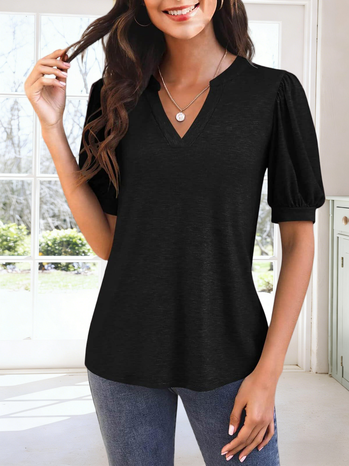 Imily Bela Womens V Neck T Shirts Casual Puff Sleeve Loose Dressy Blouses Summer Tops