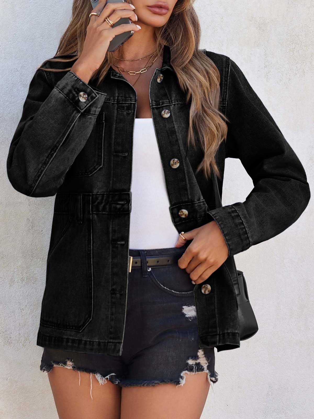 Imily Bela Denim Jacket for Women Distressed Jean Jacket Button Down Oversized Shacket with Pockets