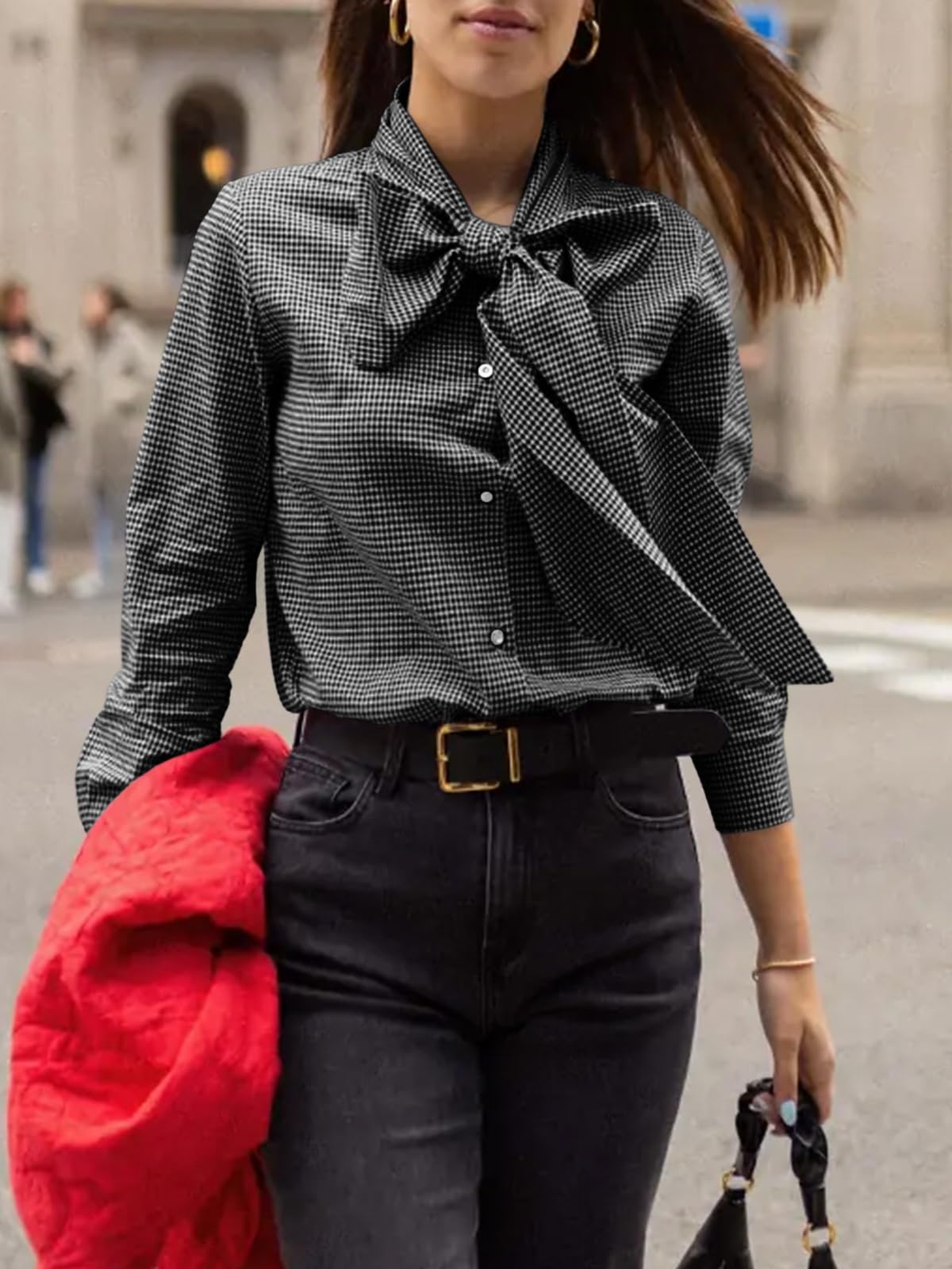 Imily Bela Womens Plaid Shirts Bow Tied Neck Button Down Long Sleeve Casual Dressy Blouse Tops