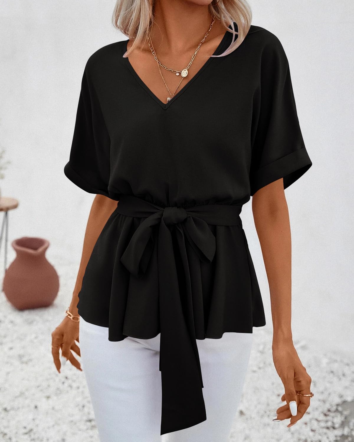 Imily Bela Womens V Neck Blouse Short Sleeve Belted Casual T-Shirts Basic Tee Tops