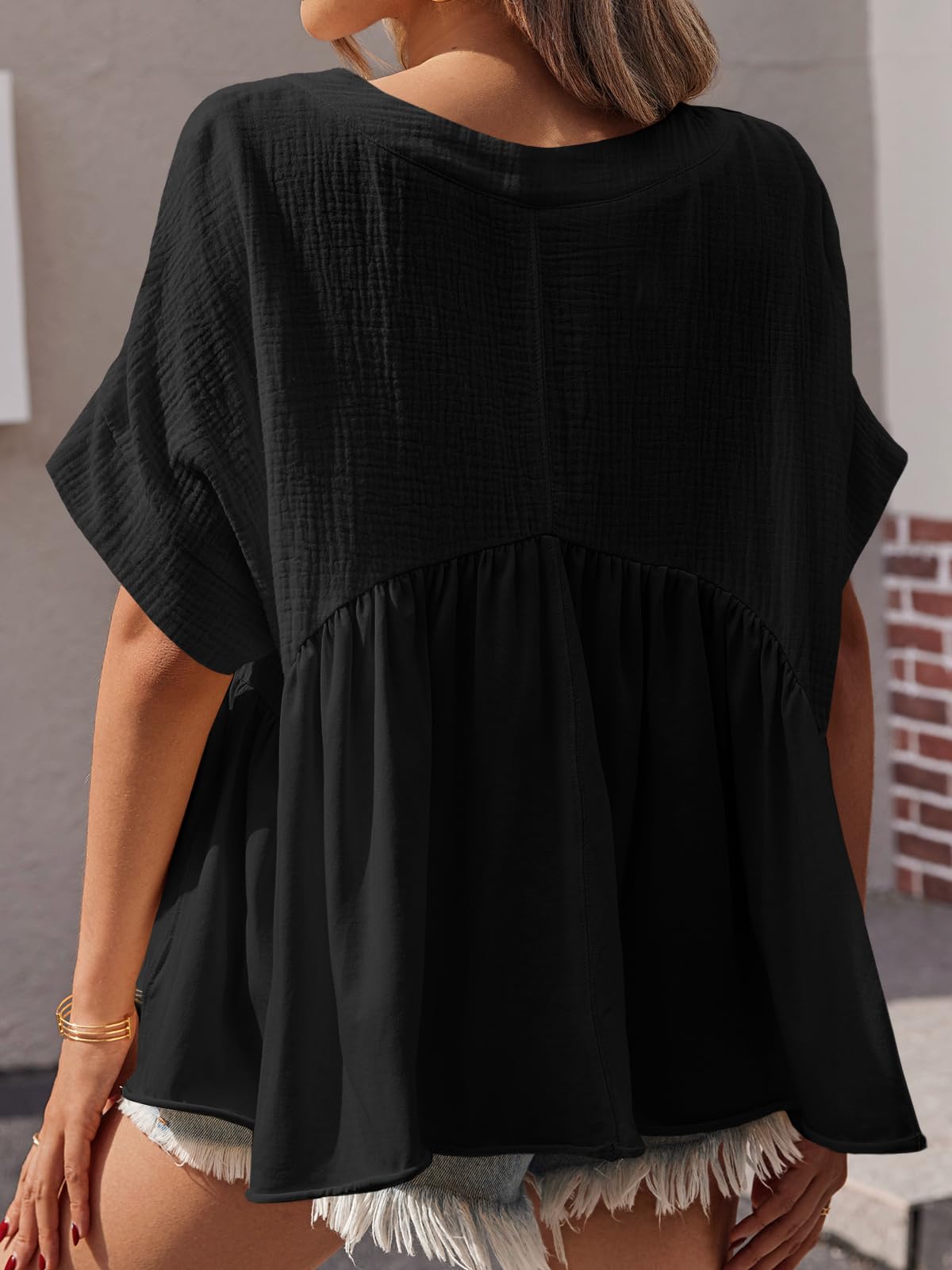 Imily Bela Womens Summer Babydoll Tops V Neck Short Sleeve Pleated Flowy Shirts Casual Loose Fit Peplum Blouse