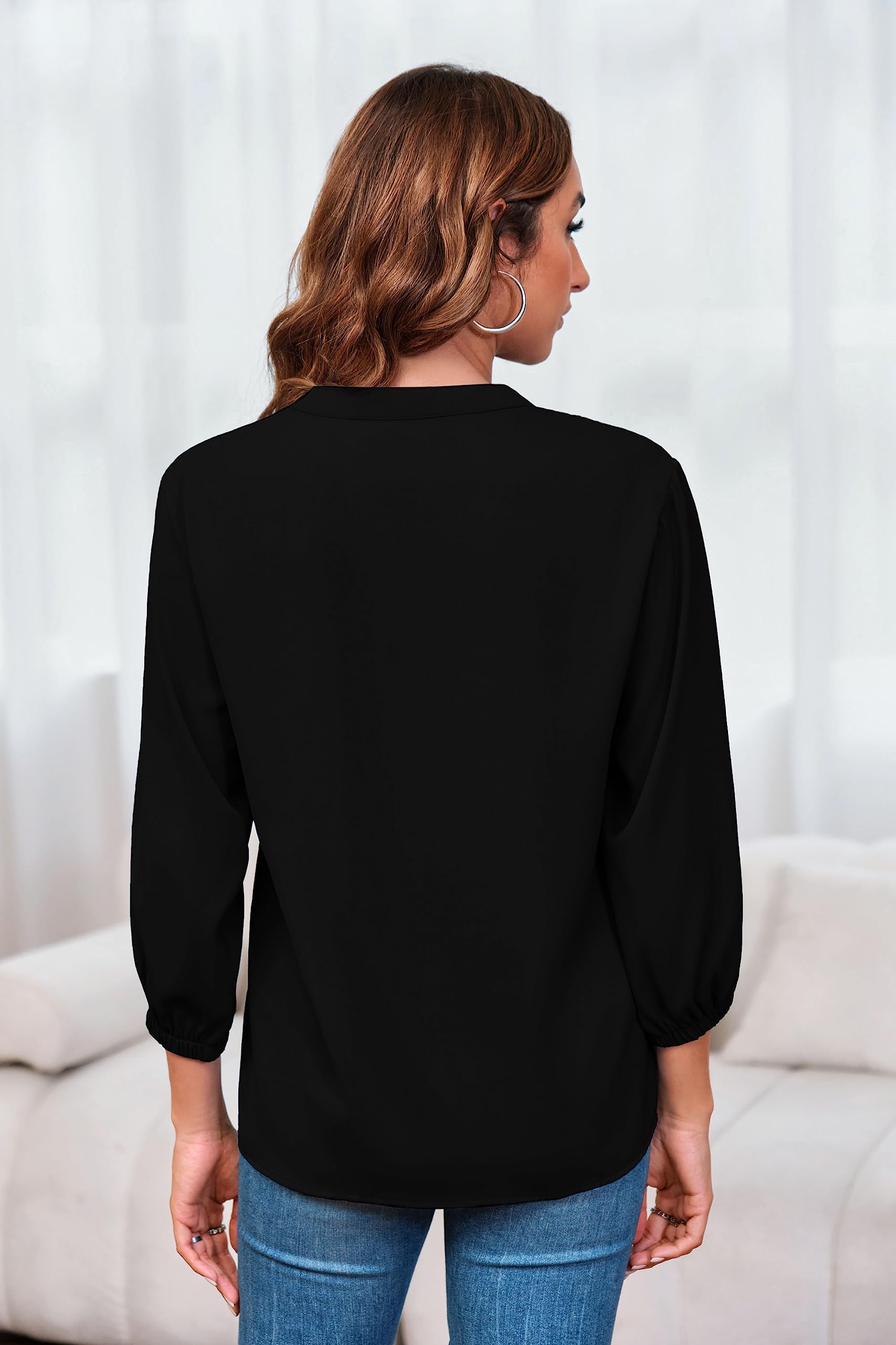 Imily Bela Womens V-Neck Lantern Sleeve Blouse Zipper Design Loose Casual Top Shirts