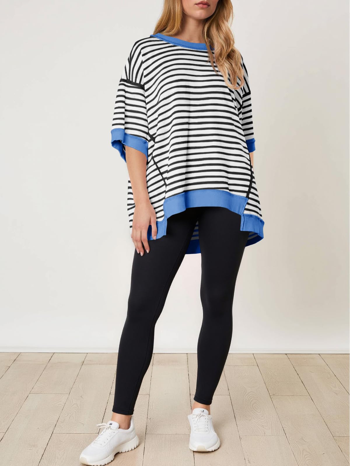 Imily Bela Womens Oversized T Shirts Striped Color Block Cotton Tops Summer Casual Half Sleeve Loose Fit Crewneck Sweatshirts