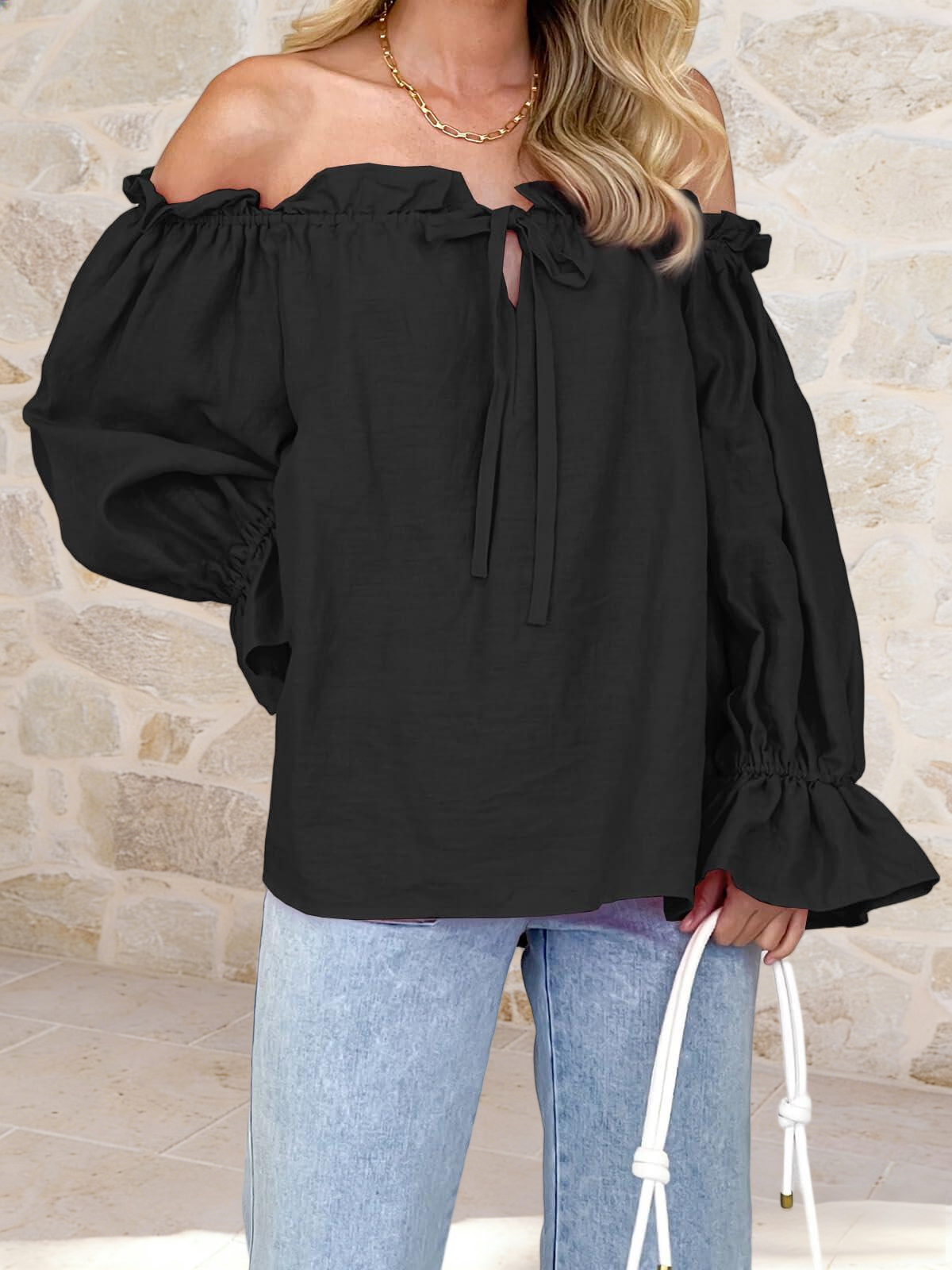 Imily Bela Womens Off The Shoulder Tops Puff Long Sleeve Tie Front Loose Fit Ruffle Shirts Blouses