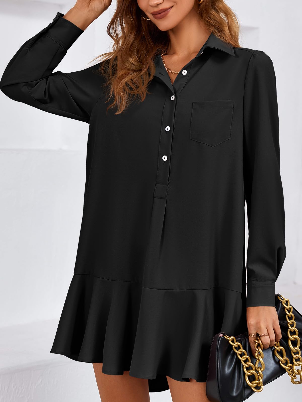 Imily Bela Womens Casual Button Down Shirt Dress Long Sleeve Collared Pleated Swing Mini Dresses