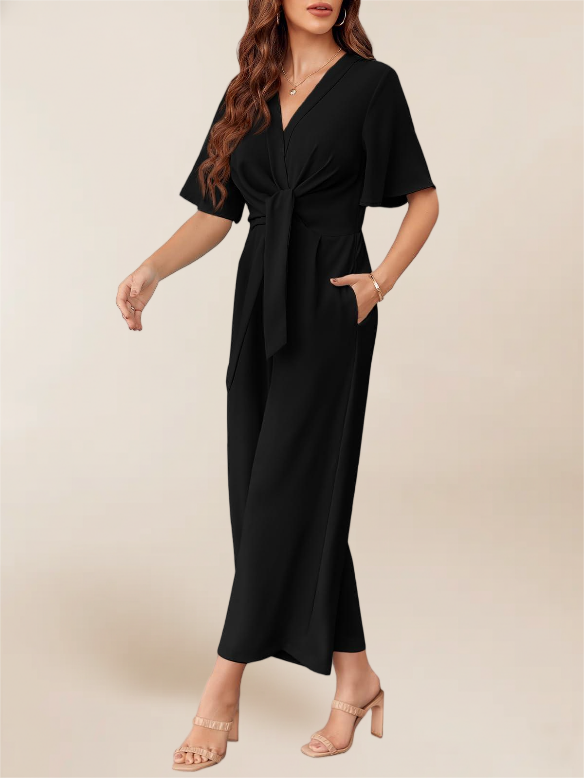 Imily Bela Women's Elegant V Neck Jumpsuits Dressy Casual Short Sleeve Wide Leg Long Pants Rompers