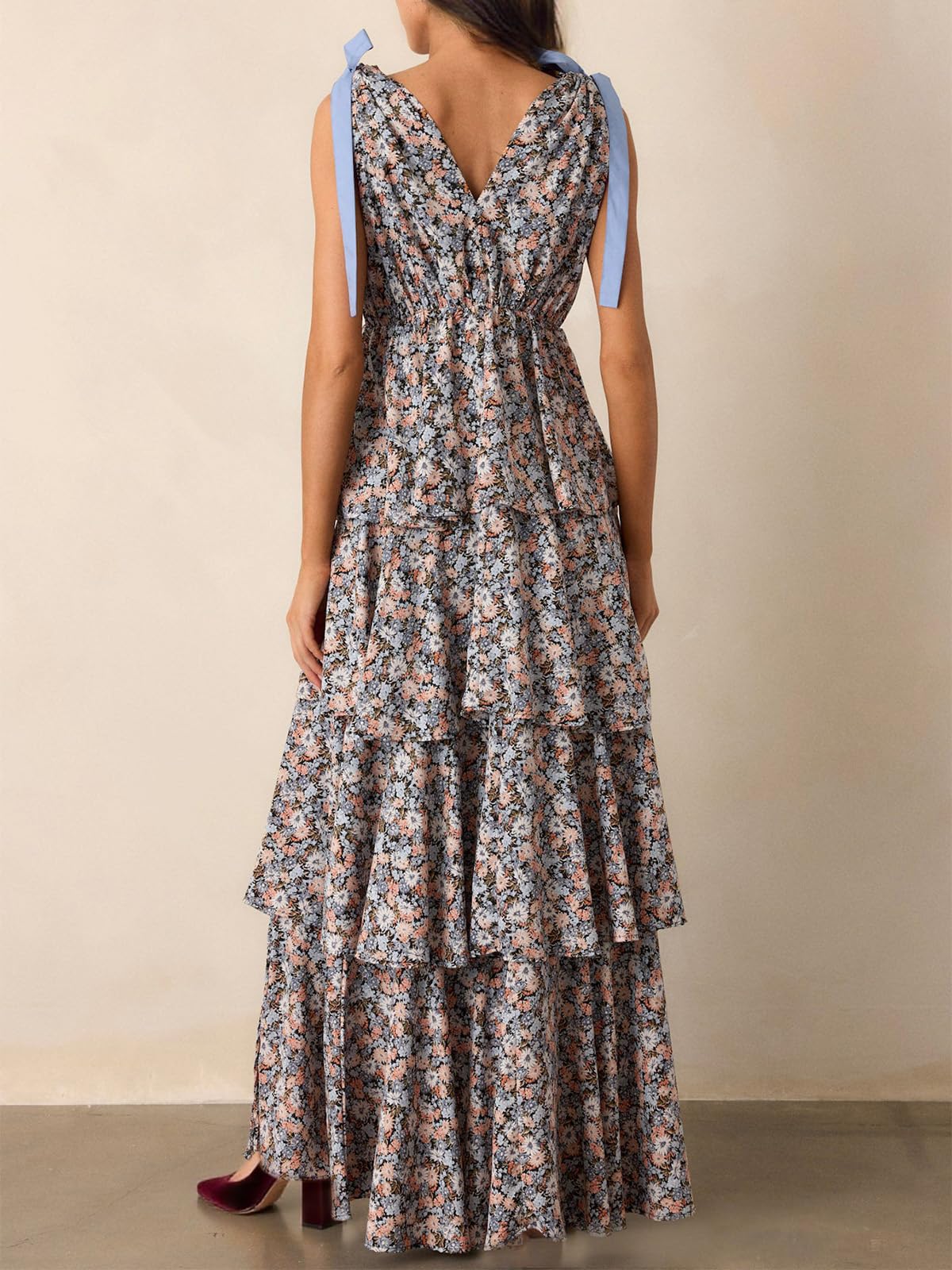 Imily Bela Womens Summer Floral Maxi Dress Tie Strap Sleeveless V Neck High Slit Boho Ruffle Tiered Beach Dresses