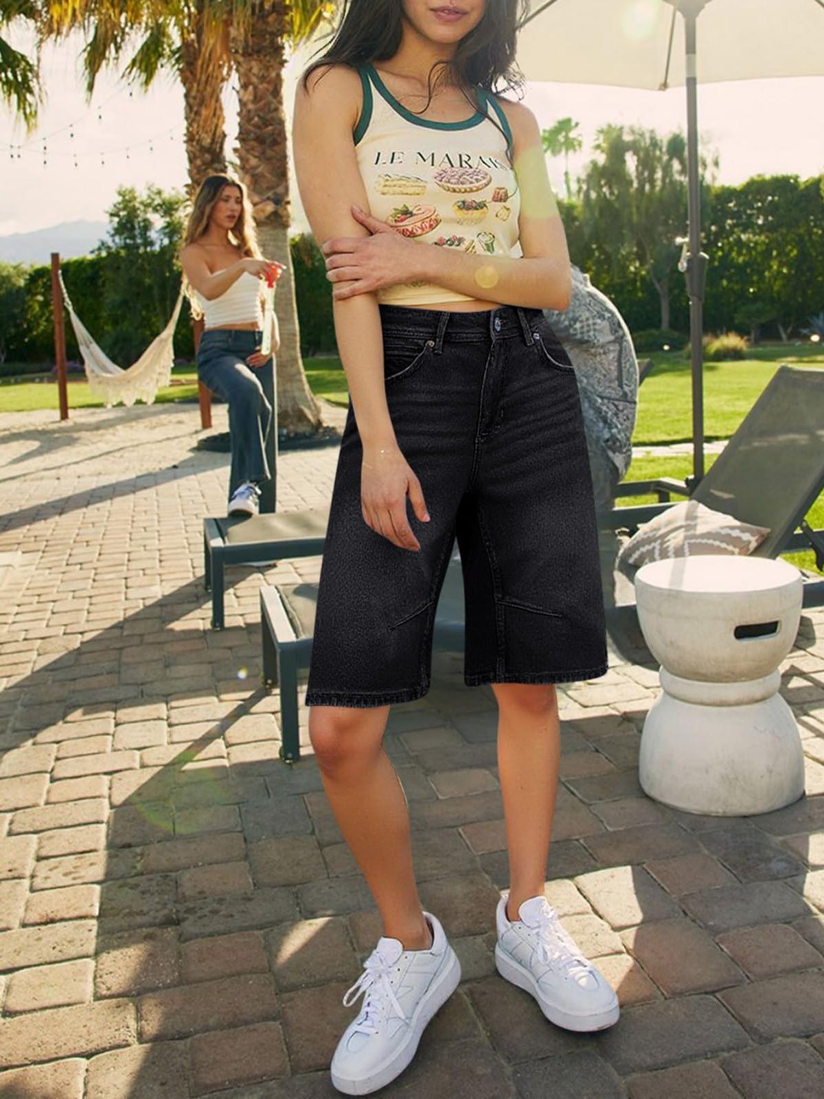 Imily Bela Womens Summer Wide Leg Denim Shorts Casual Loose Mid Rise Jorts Bermuda Knee Length Jeans Shorts