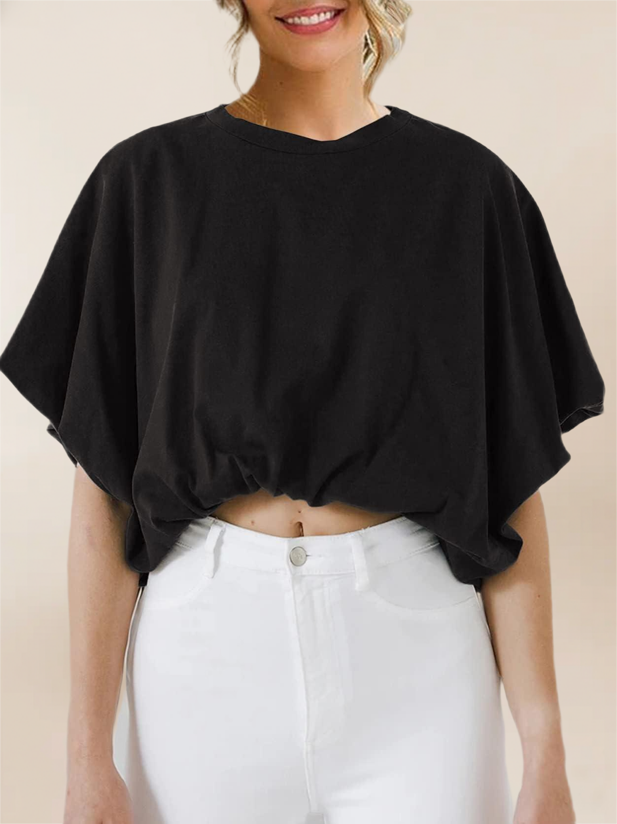Imily Bela Womens Summer Crewneck Crop Tops Short Sleeve Casual Loose Cropped T Shirts