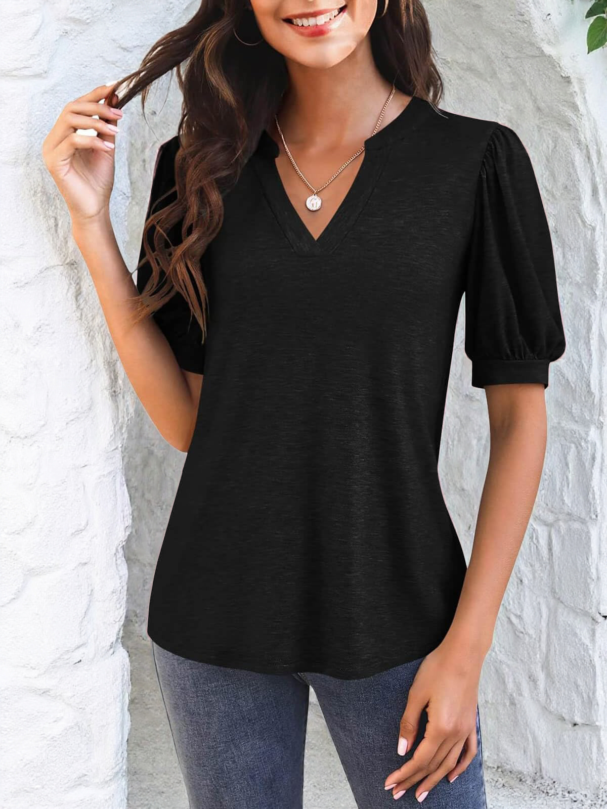 Imily Bela Womens V Neck T Shirts Casual Puff Sleeve Loose Dressy Blouses Summer Tops