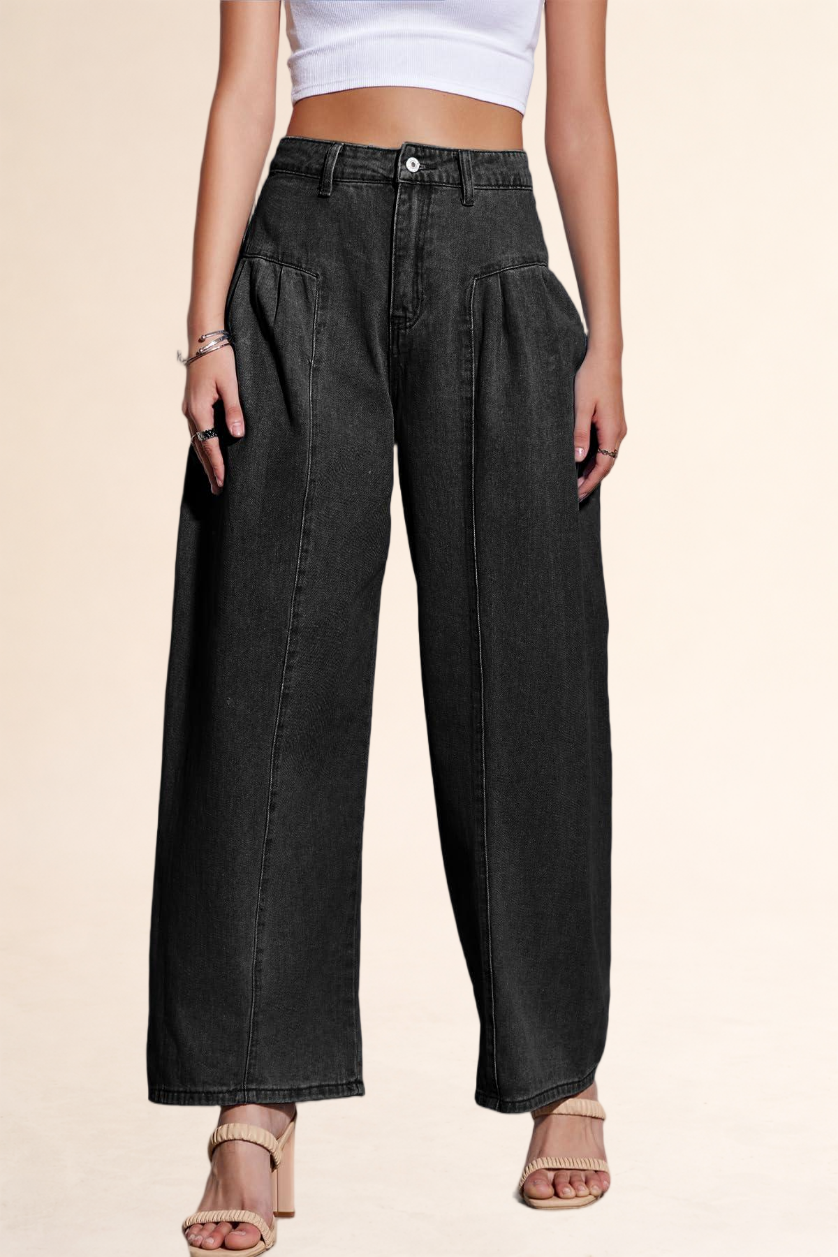 Imily Bela Womens Baggy High Waisted Jeans Loose Boyfriend Wide Leg Side Pleated Denim Pants