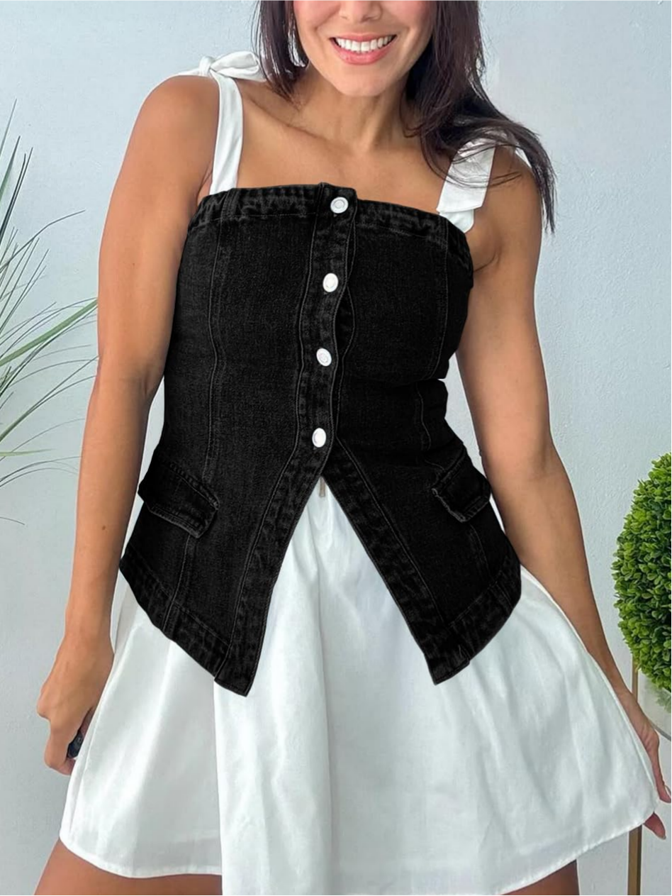 Imily Bela Womens Strapless Denim Vest Summer Button Down Jean Tube Tops Y2k Going Out Fitted Bandeau Shirts Waistcoat