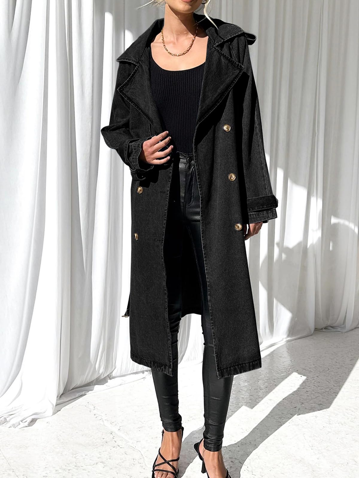 Imily Bela Women's Long Double Breasted Denim Jacket Oversized Button Down Maxi Jean Coat Classic Lapel Outercoat