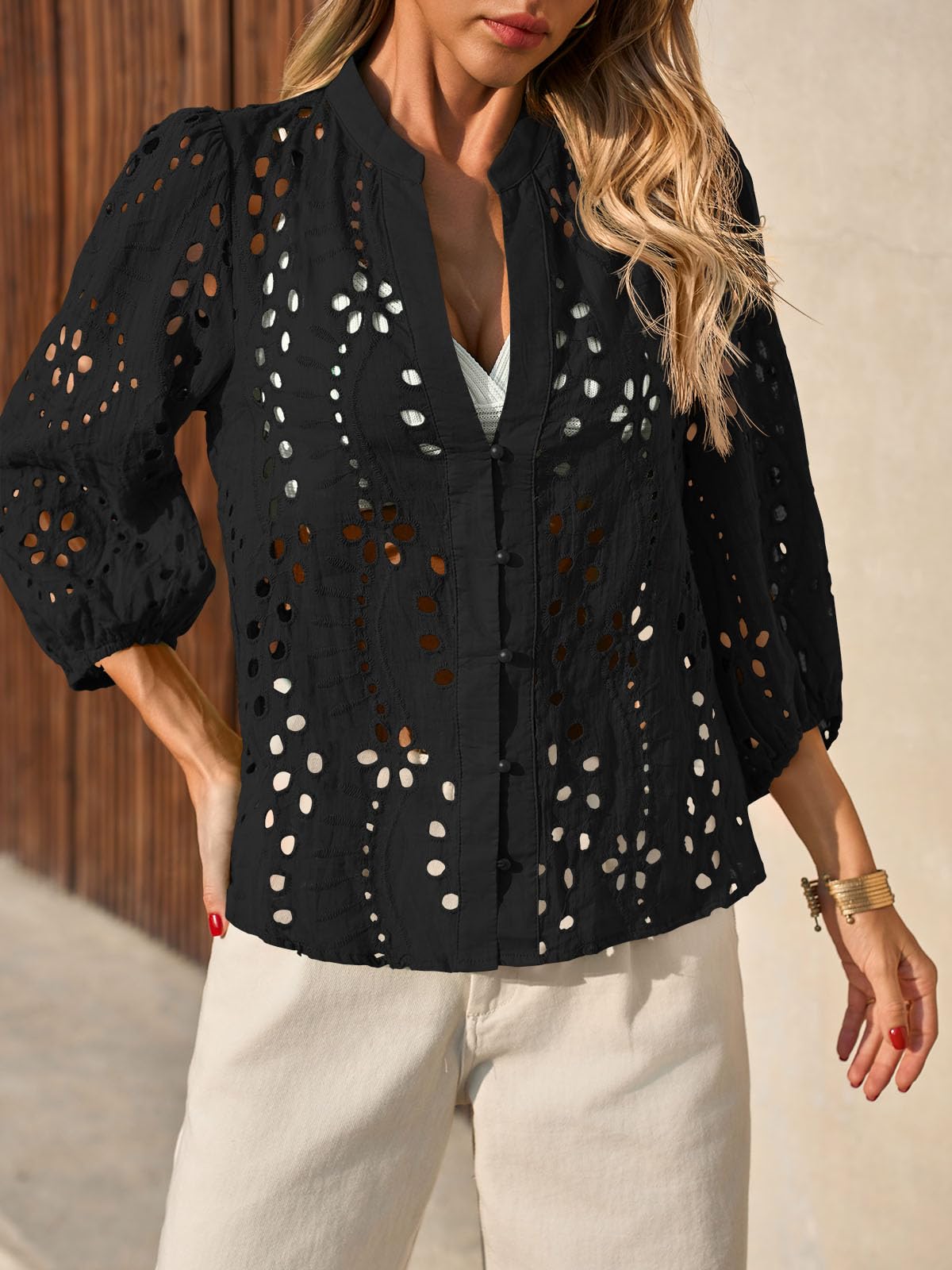 Imily Bela Womens Deep V Neck Eyelet Blouses 3/4 Balloon Sleeve Button Down Hollow Out Fall Shirts