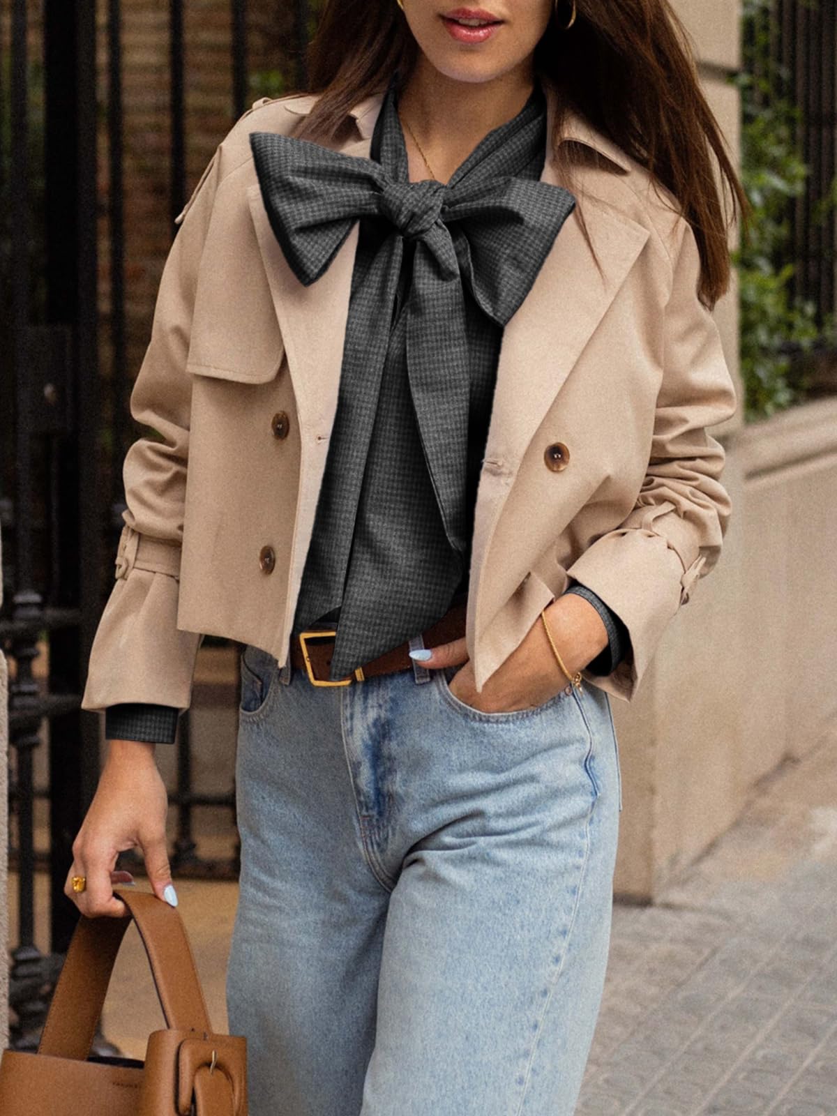 Imily Bela Womens Plaid Shirts Bow Tied Neck Button Down Long Sleeve Casual Dressy Blouse Tops