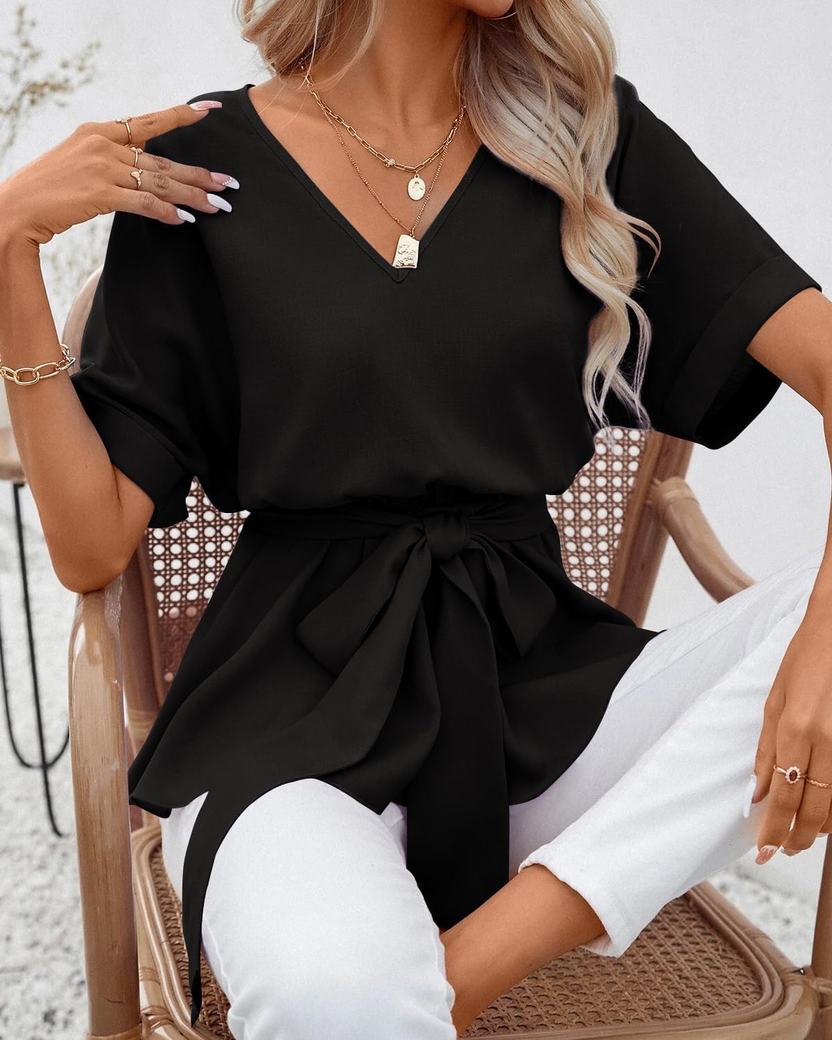 Imily Bela Womens V Neck Blouse Short Sleeve Belted Casual T-Shirts Basic Tee Tops