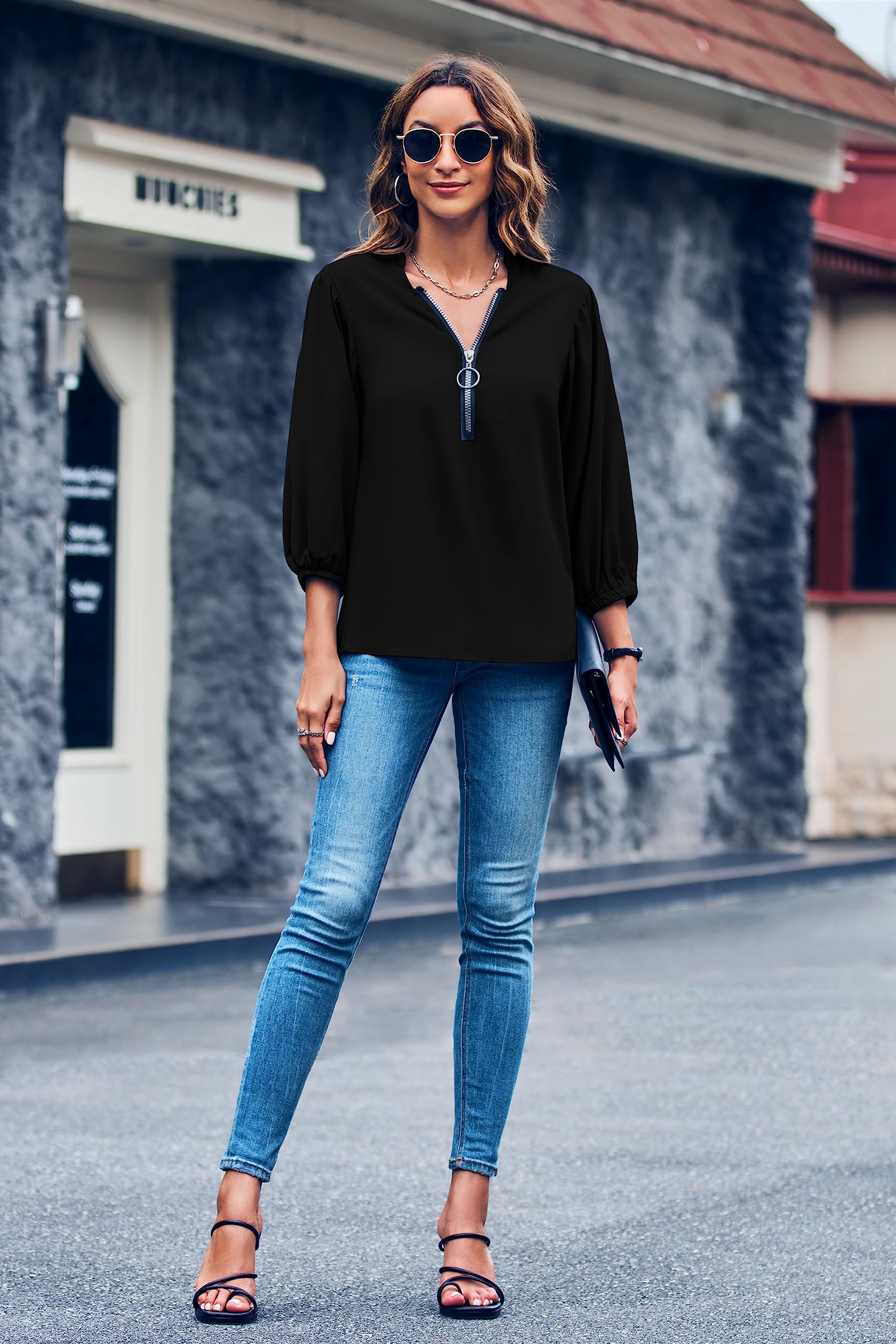 Imily Bela Womens V-Neck Lantern Sleeve Blouse Zipper Design Loose Casual Top Shirts