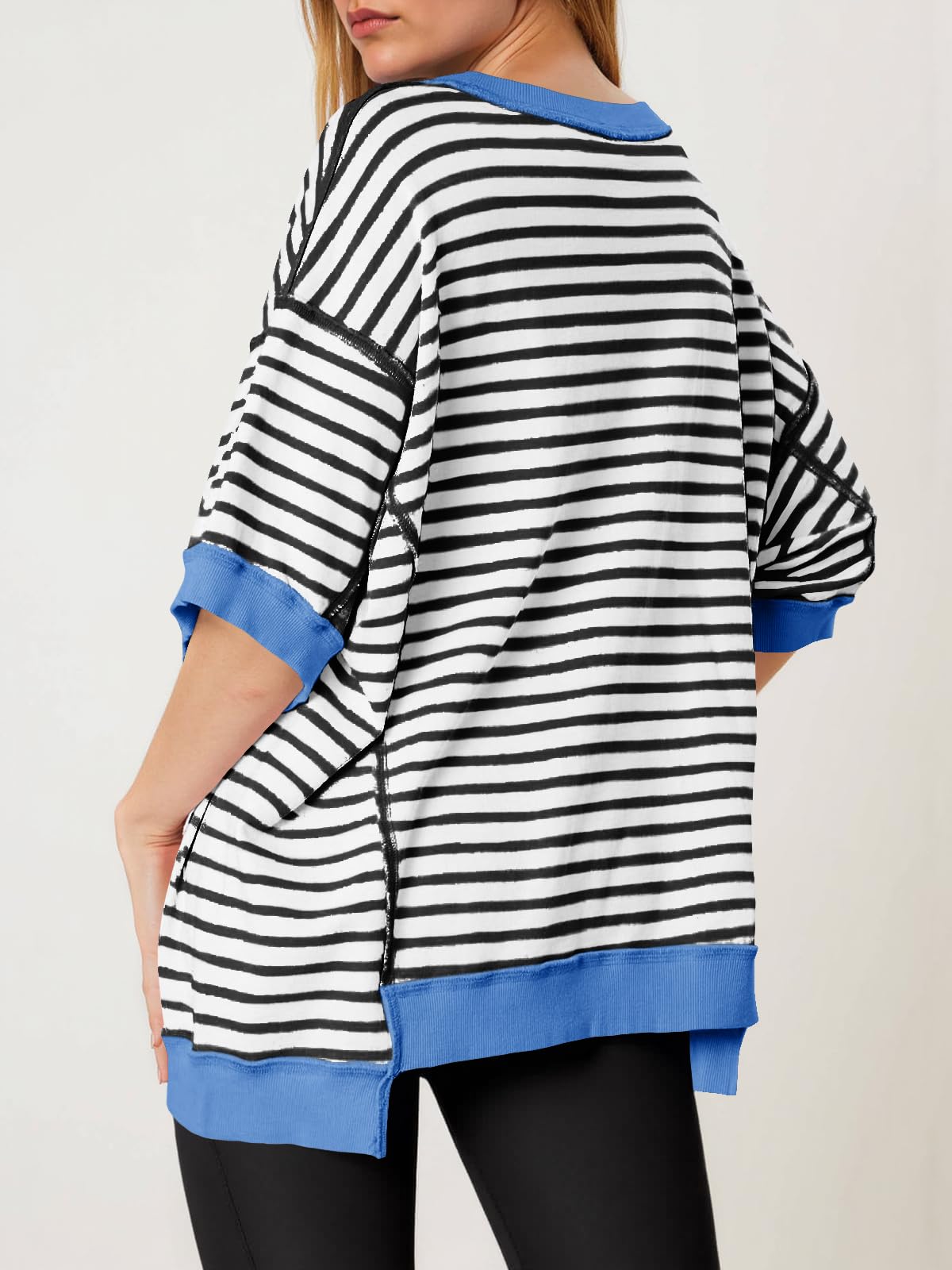 Imily Bela Womens Oversized T Shirts Striped Color Block Cotton Tops Summer Casual Half Sleeve Loose Fit Crewneck Sweatshirts
