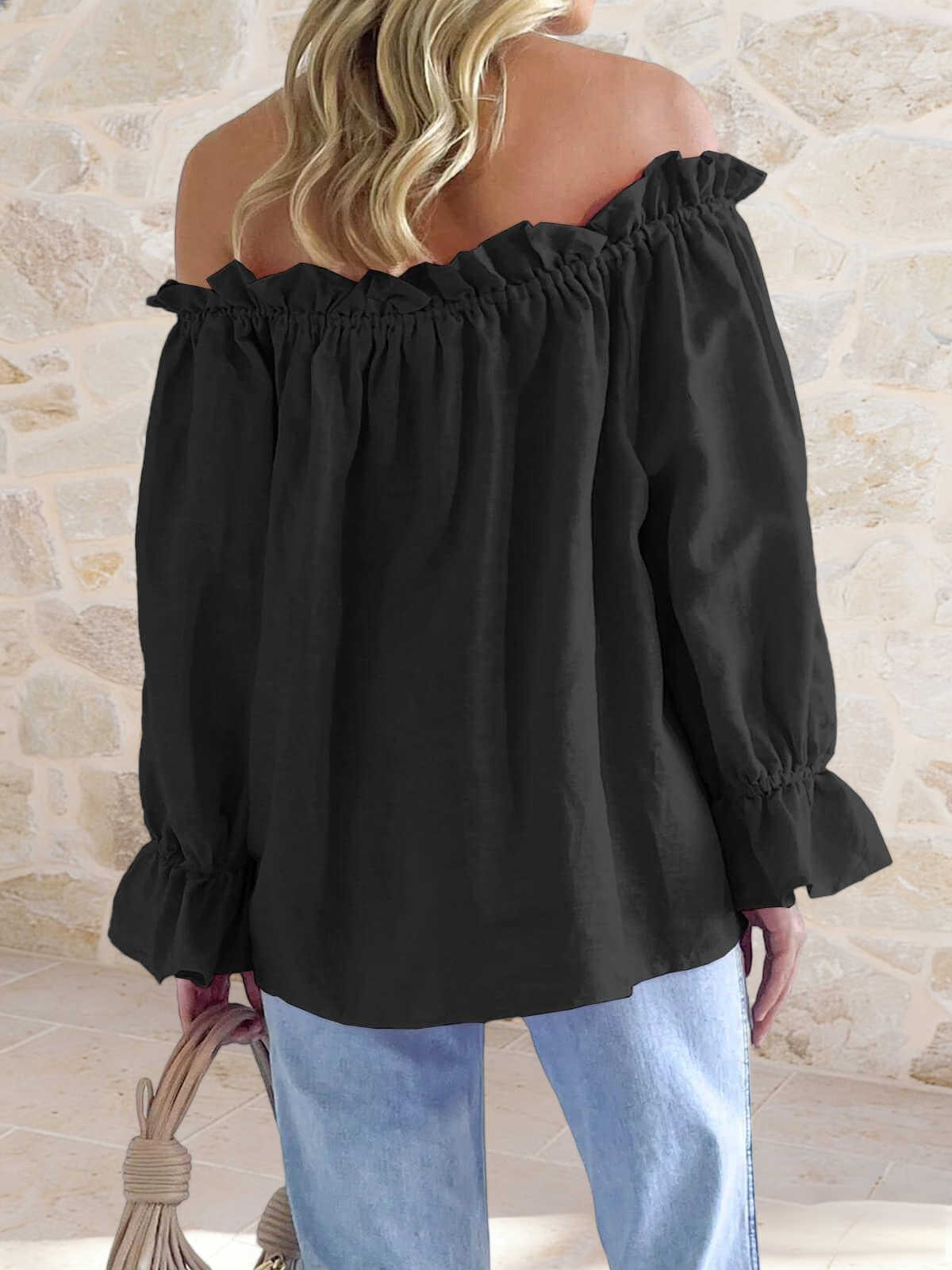 Imily Bela Womens Off The Shoulder Tops Puff Long Sleeve Tie Front Loose Fit Ruffle Shirts Blouses