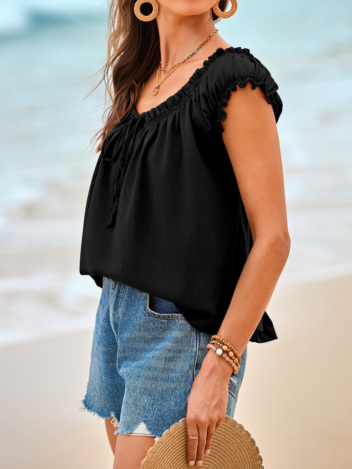 Imily Bela Women Summer Tie Front Tank Tops Cap Sleeve Pleated Babydoll Tops Casual Loose Fit Going Out Flowy Shirt