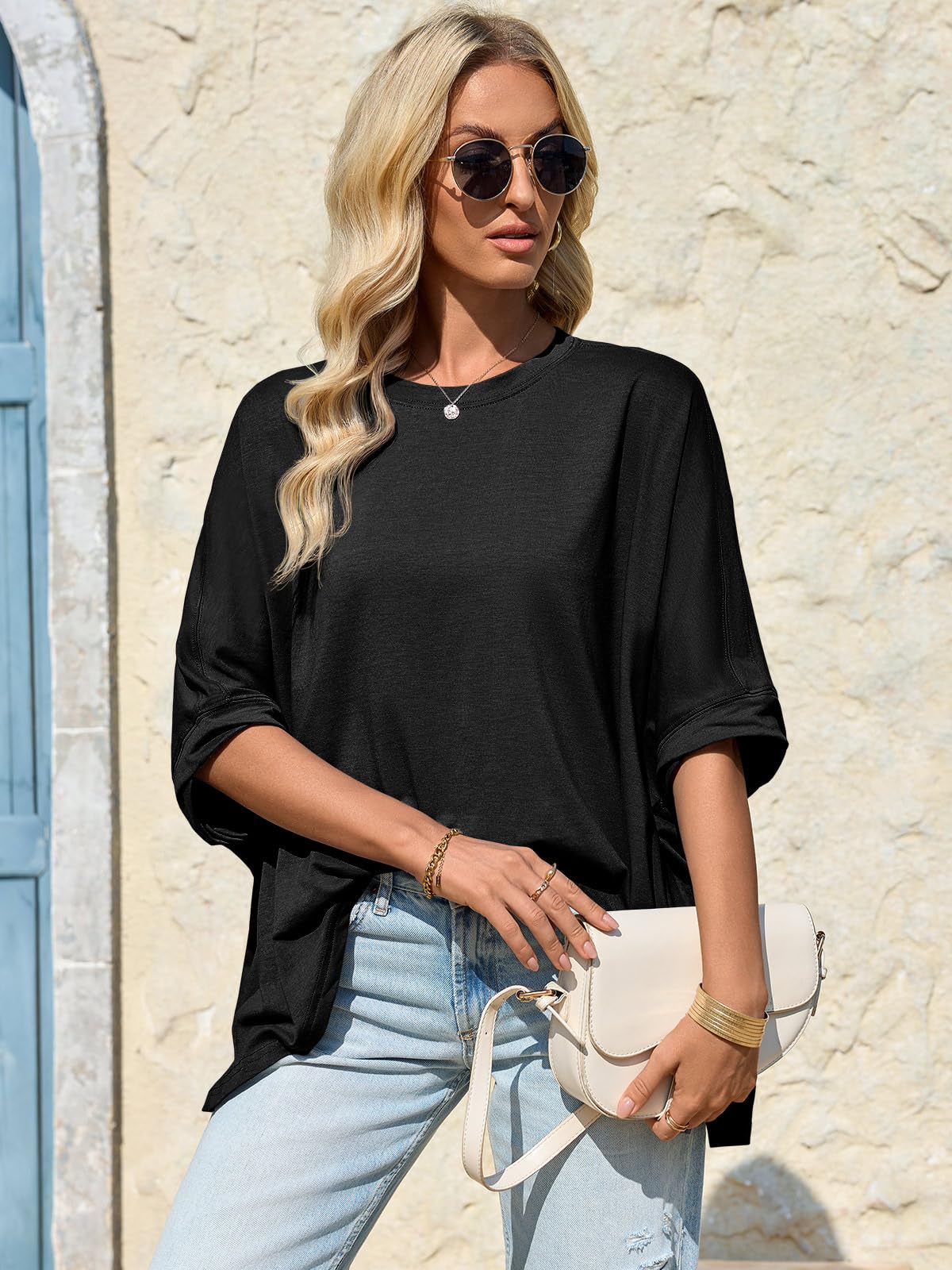 Imily Bela Womens Oversized Tshirts Batwing Short Sleeve Asymmetric Hem Tops Summer Casual Loose Fit Tunic Tee Shirts