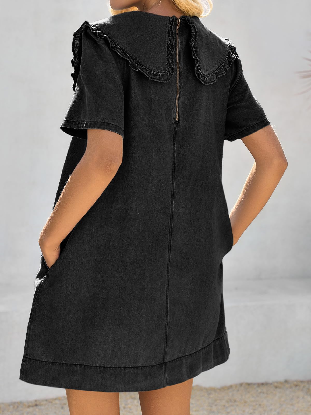 Imily Bela Womens Summer Denim Mini Dress Oversized Peter Pan Collar Short Sleeve Casual Flowy Babydoll Jean Dresses