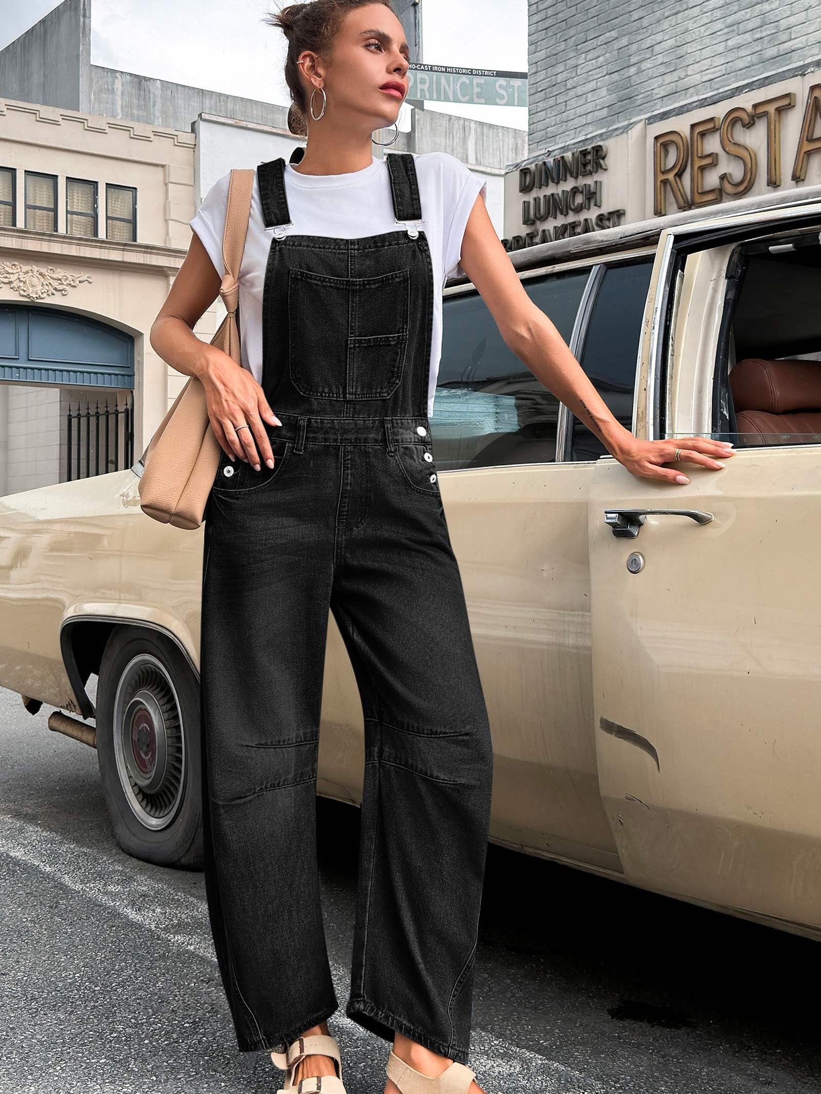 Imily Bela Womens Denim Bib Overalls Barrel Leg Adjustable Strap Jean Pants Jumpsuits with Pockets