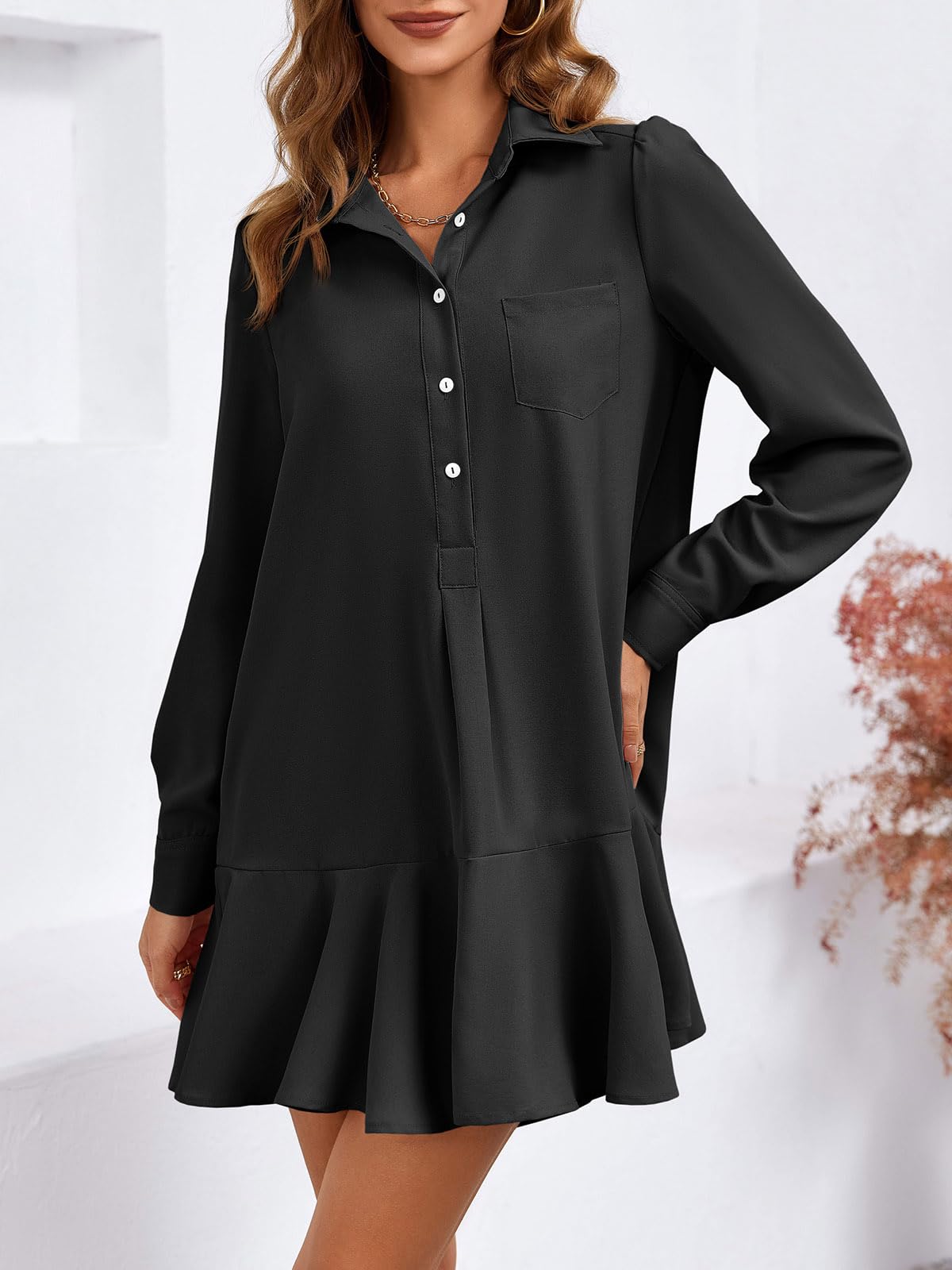 Imily Bela Womens Casual Button Down Shirt Dress Long Sleeve Collared Pleated Swing Mini Dresses