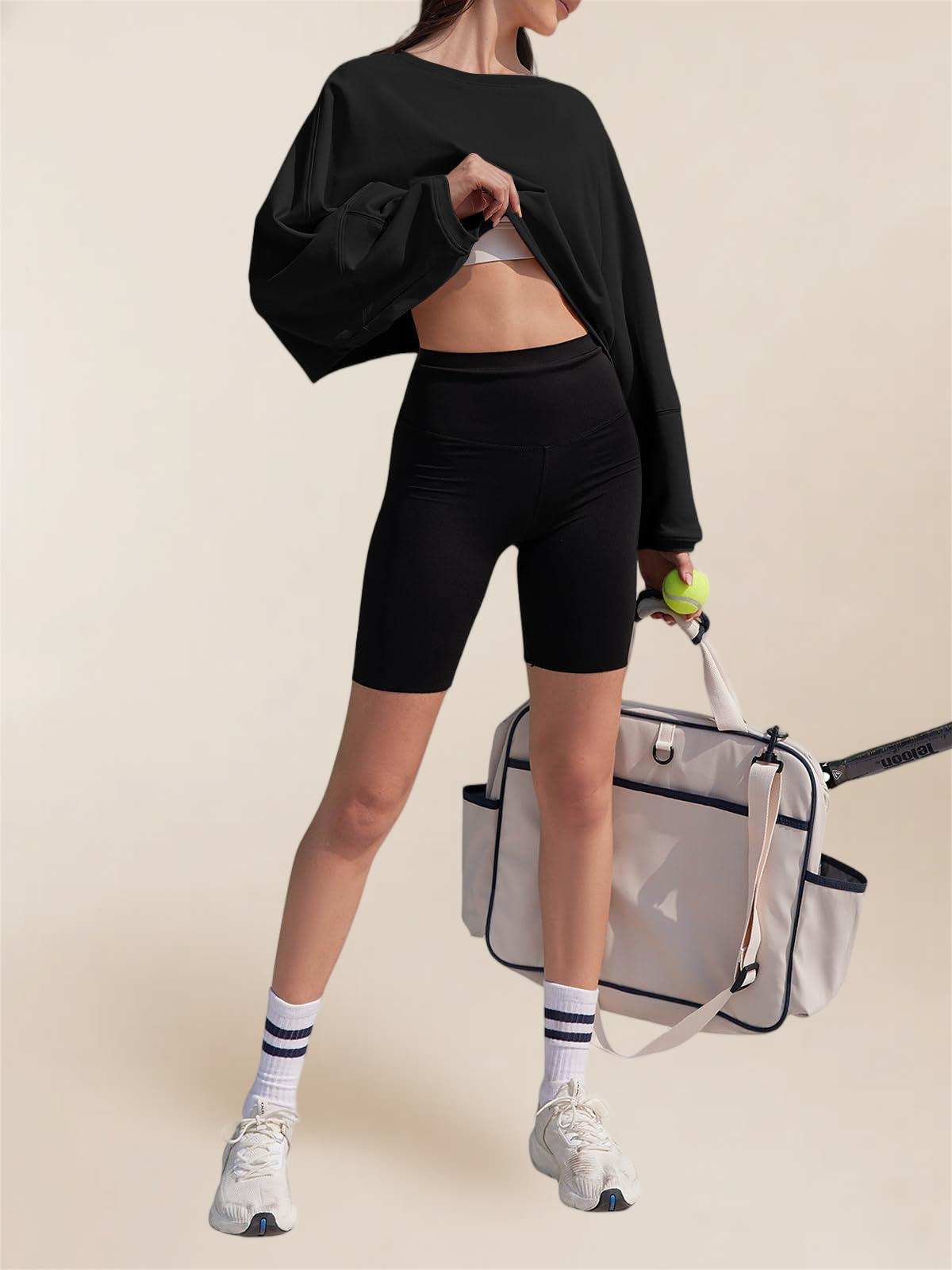 Imily Bela Womens Long Ballon Sleeve Sweatshirts Tops Cropped Crew Neck Loose Fit Casual Workout Shirts