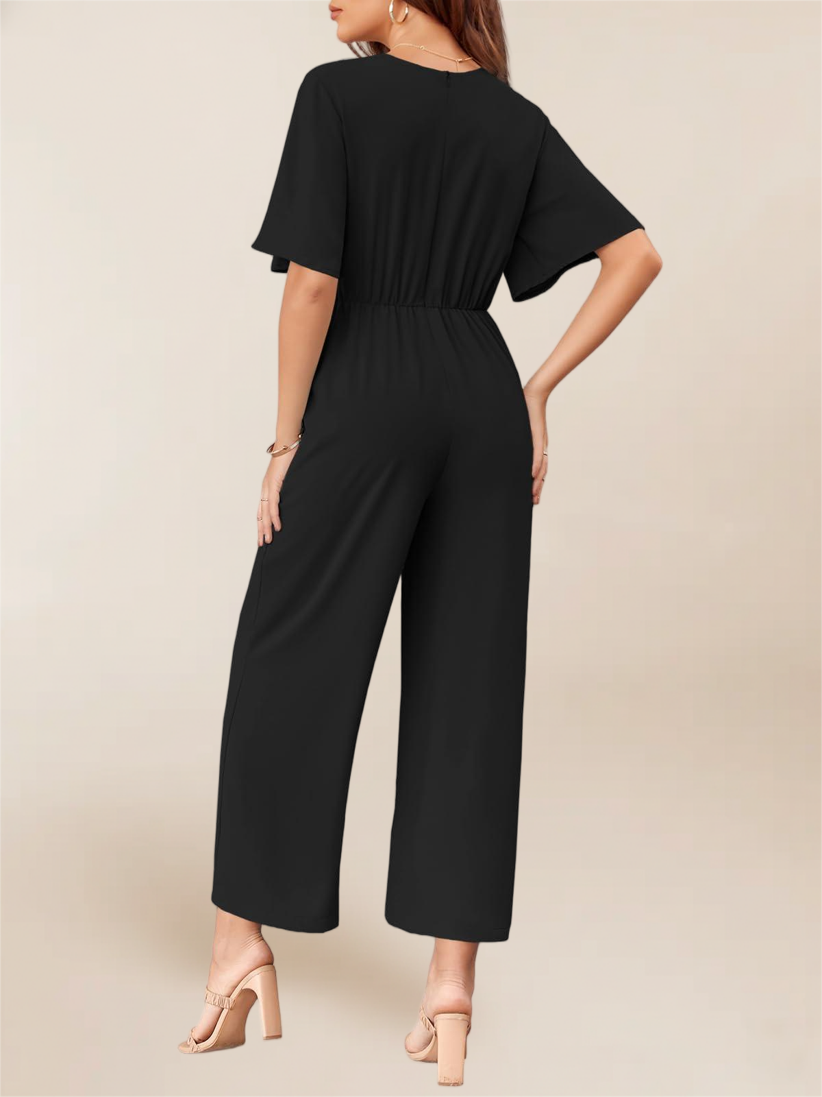 Imily Bela Women's Elegant V Neck Jumpsuits Dressy Casual Short Sleeve Wide Leg Long Pants Rompers