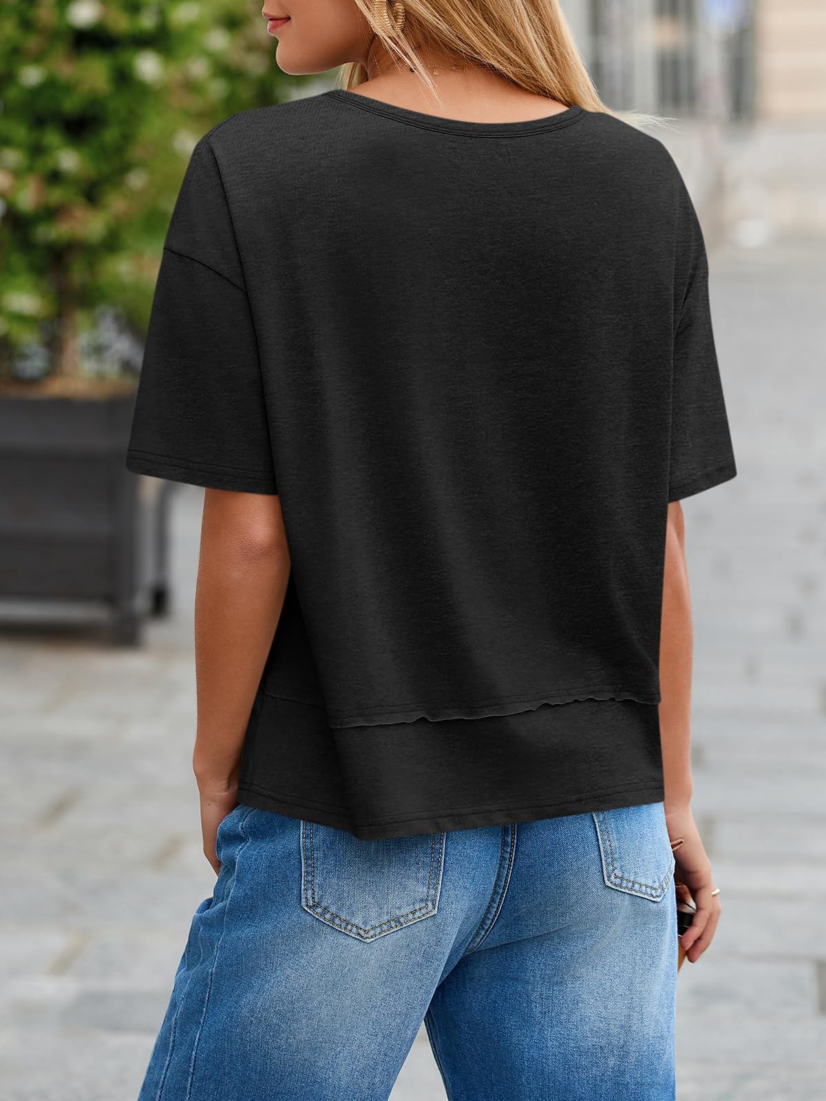 Imily Bela Womens Summer V Neck T Shirts Casual Short Sleeve Flowy Tops Cute Loose Fit Basic Tees