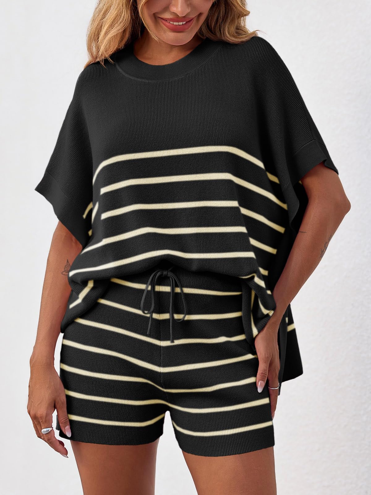 Imily Bela Women's Striped 2 Piece Outfits Oversized Batwing Short Sleeve Tops High Waisted Shorts Summer Knit Lounge Short Sets