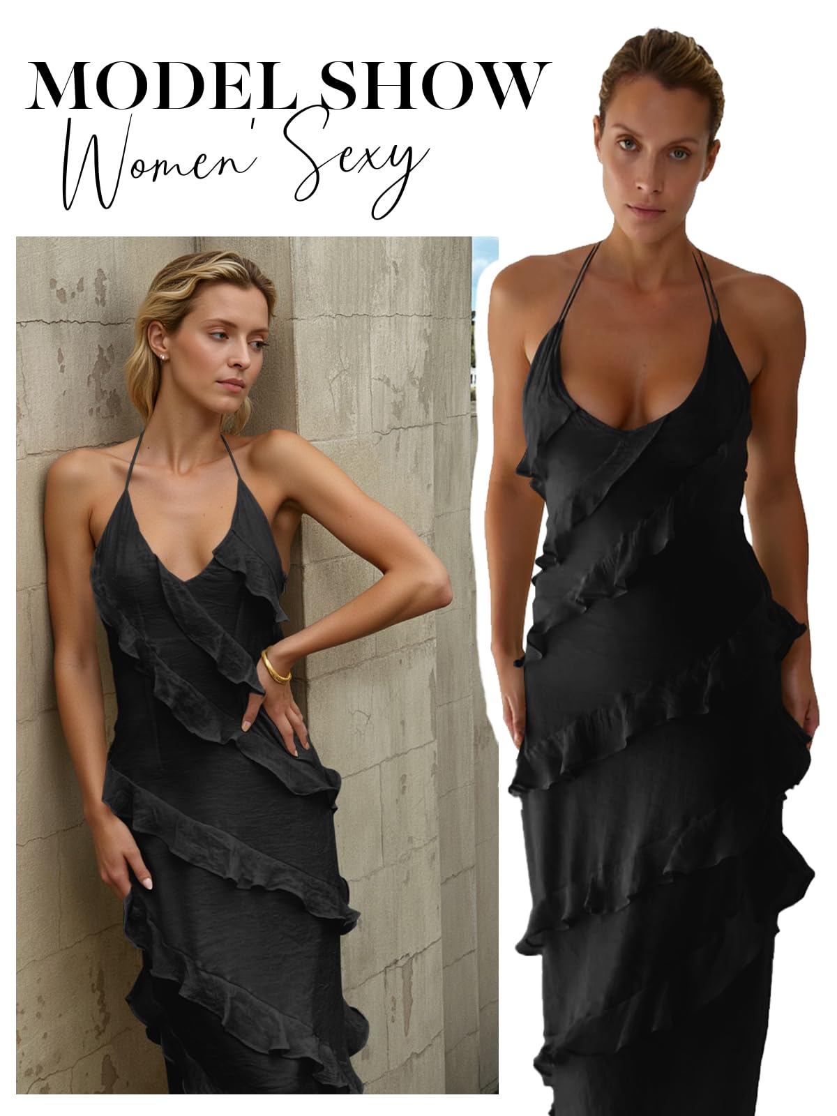 Imiy Bela Womens Sexy Chiffon Halter Maxi Dress Sleeveless Backless Ruffle Tassel Party Club Dresses