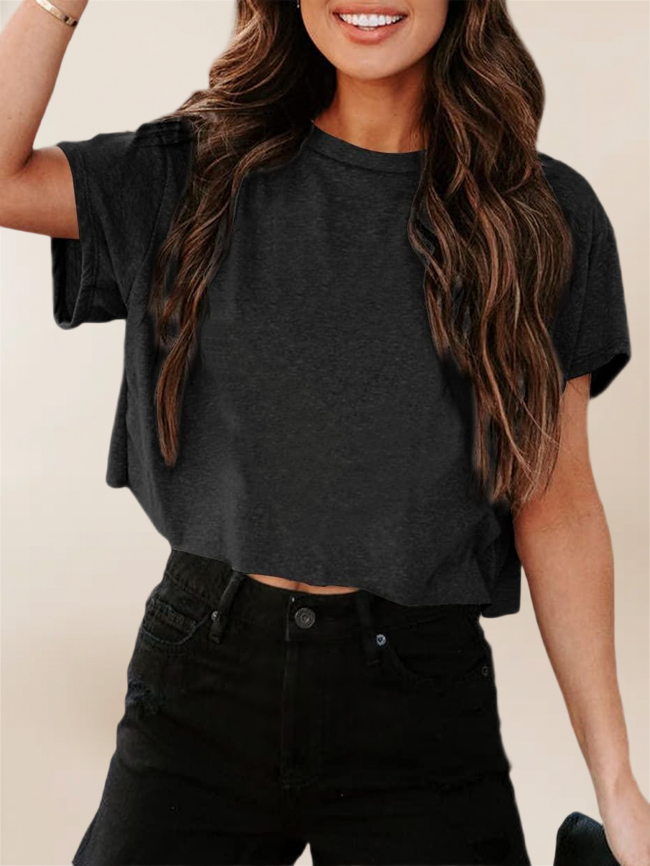 Imily Bela Women Short Sleeve Cropped T-Shirts Crew Neck Loose Crop Tops Summer Casual Drop Shoulder Basic Tees