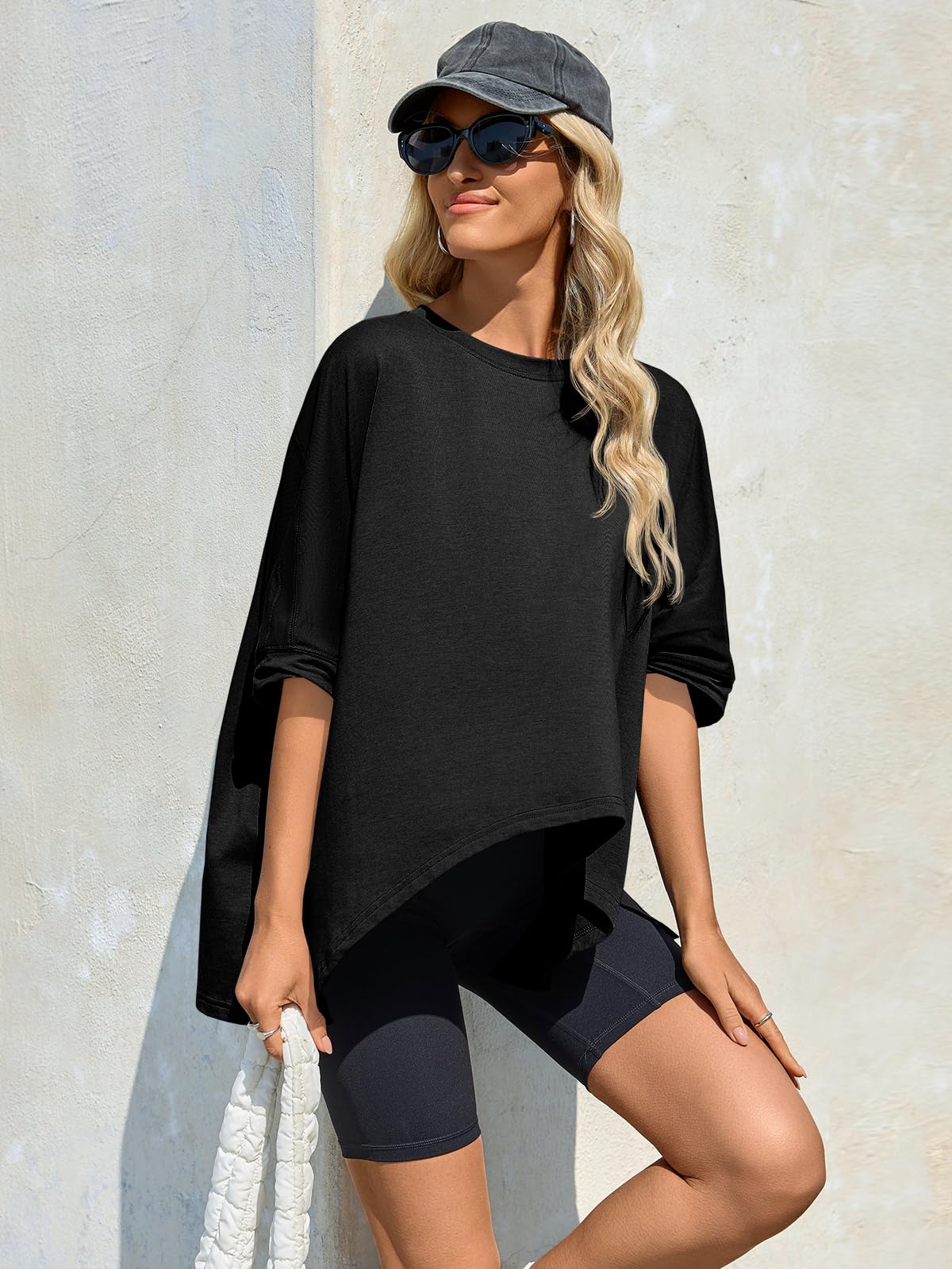 Imily Bela Womens Oversized Tshirts Batwing Short Sleeve Asymmetric Hem Tops Summer Casual Loose Fit Tunic Tee Shirts