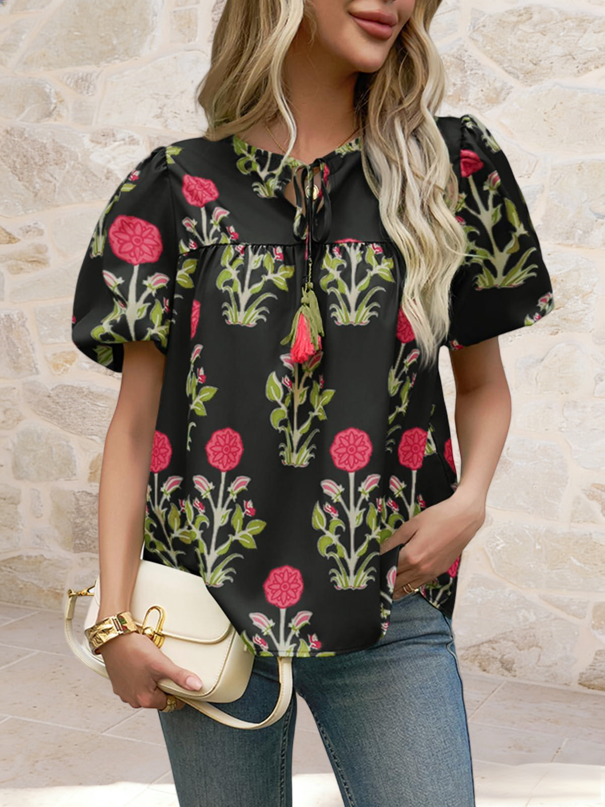 Imily Bela Womens Boho Floral Blouses Short Puff Sleeve V Neck Babydoll Shirts Flowy Tie Front Tops