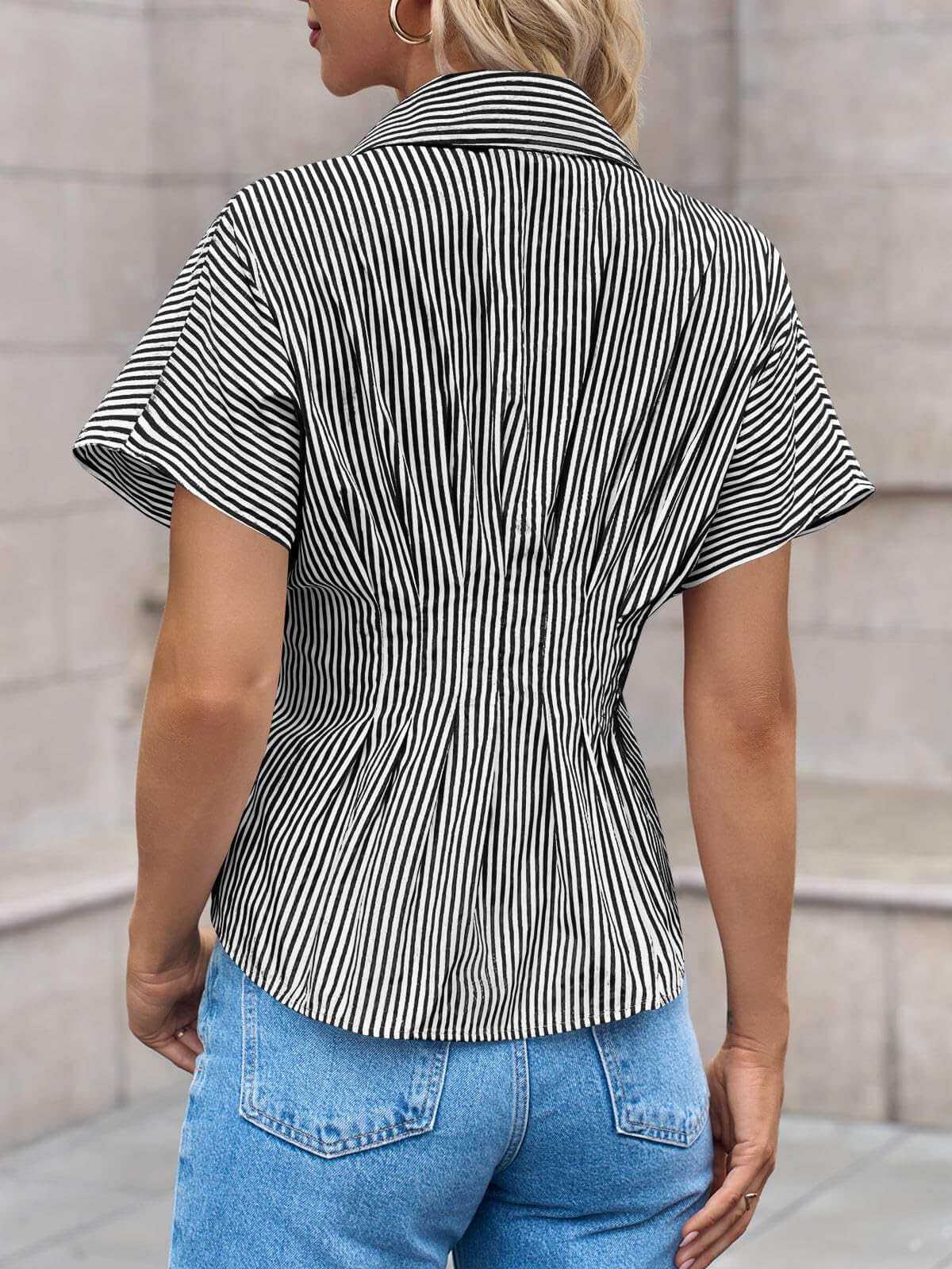 Imily Bela Womens Striped Peplum Button Down Shirts Short Sleeve Pleated Tops Summer Business Casual Blouses