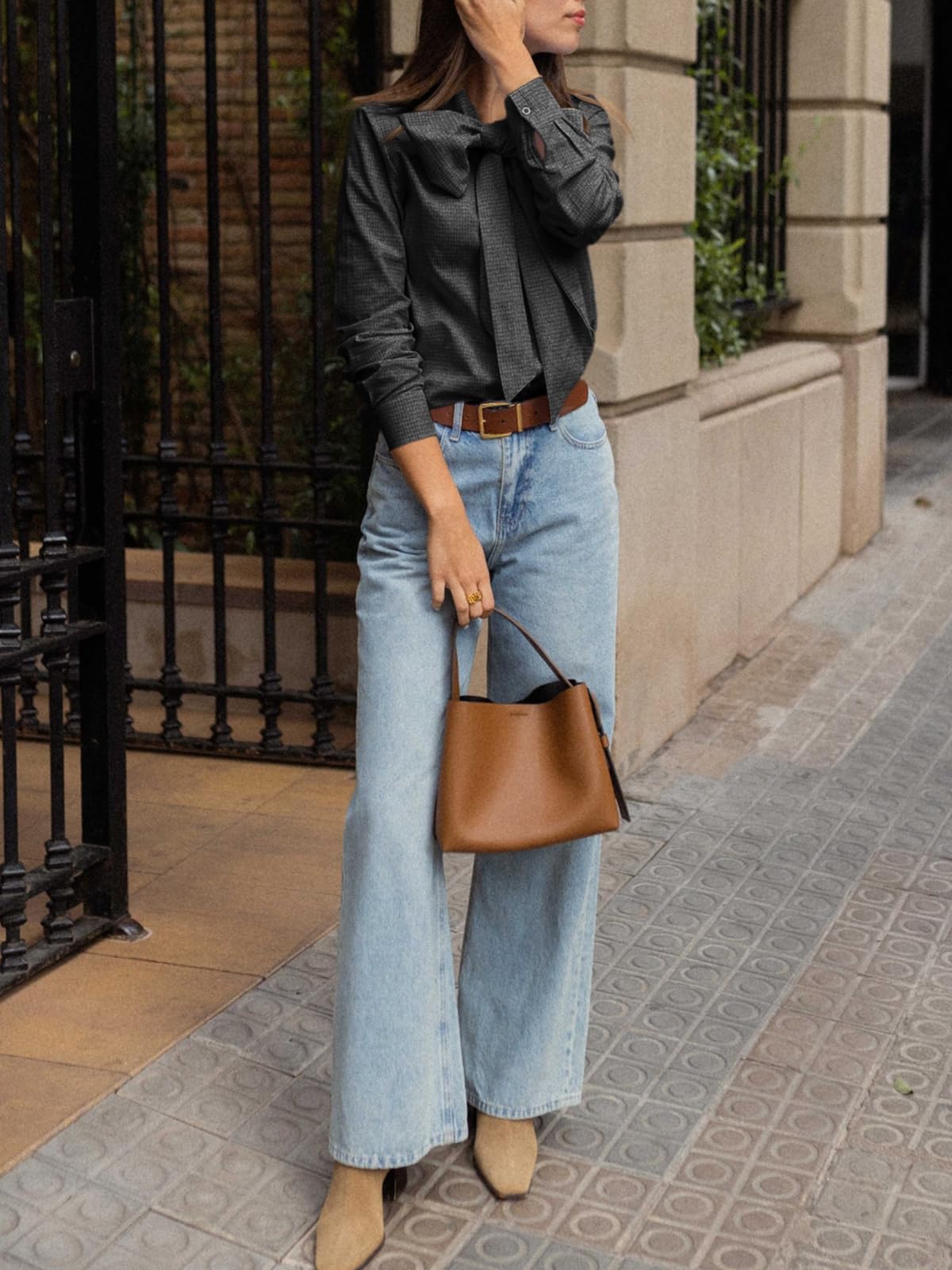 Imily Bela Womens Plaid Shirts Bow Tied Neck Button Down Long Sleeve Casual Dressy Blouse Tops