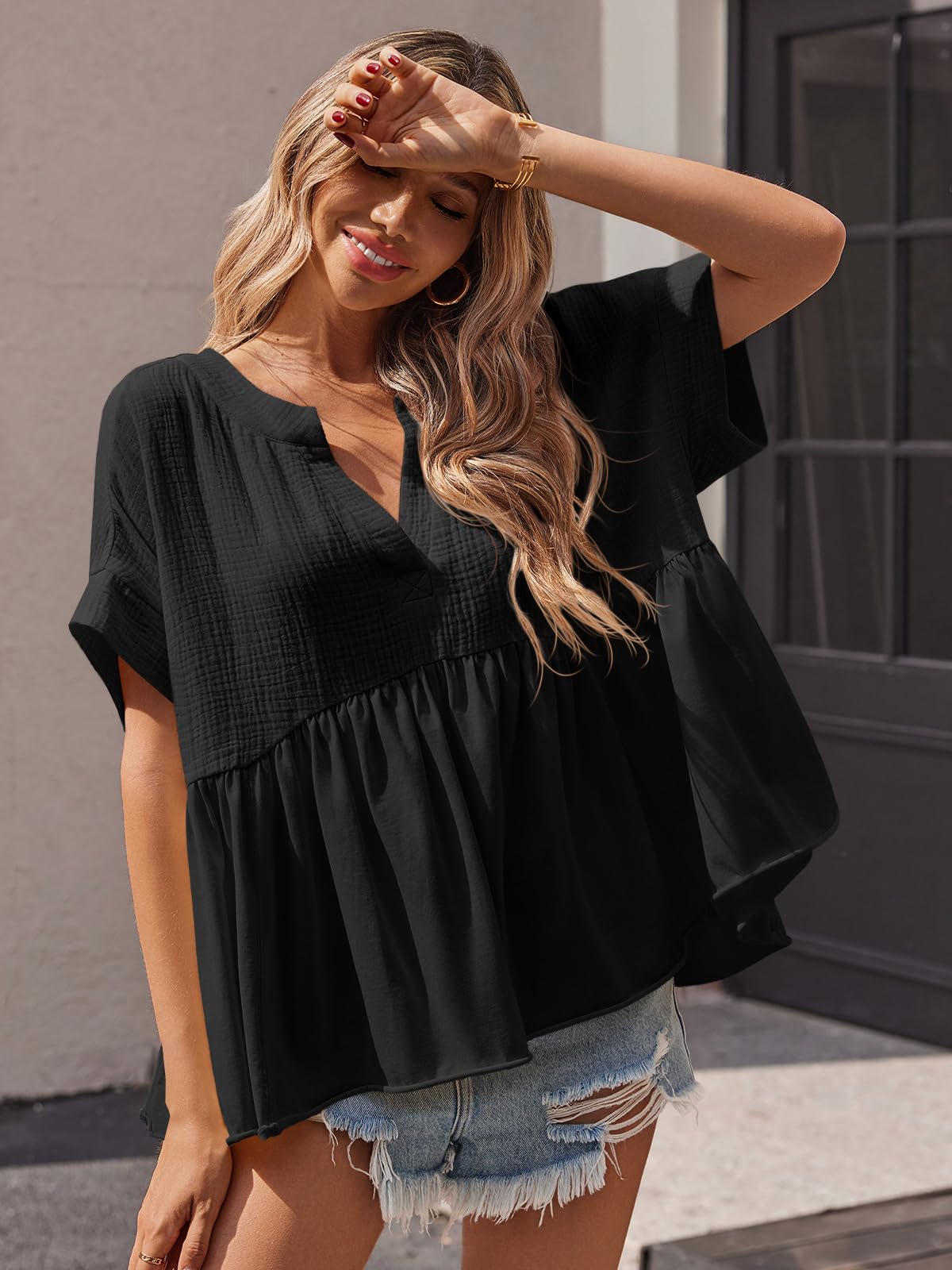 Imily Bela Womens Summer Babydoll Tops V Neck Short Sleeve Pleated Flowy Shirts Casual Loose Fit Peplum Blouse