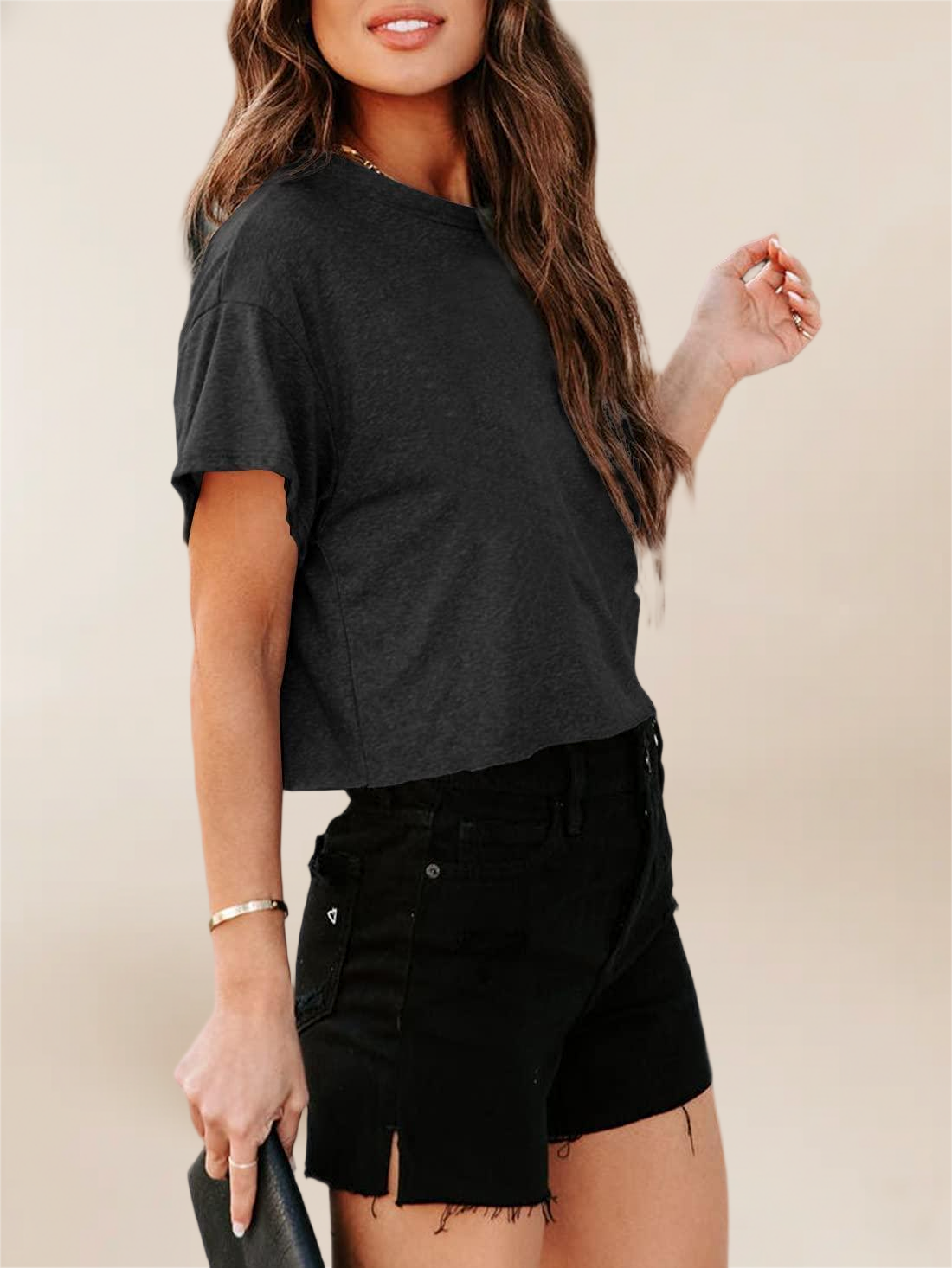 Imily Bela Women Short Sleeve Cropped T-Shirts Crew Neck Loose Crop Tops Summer Casual Drop Shoulder Basic Tees