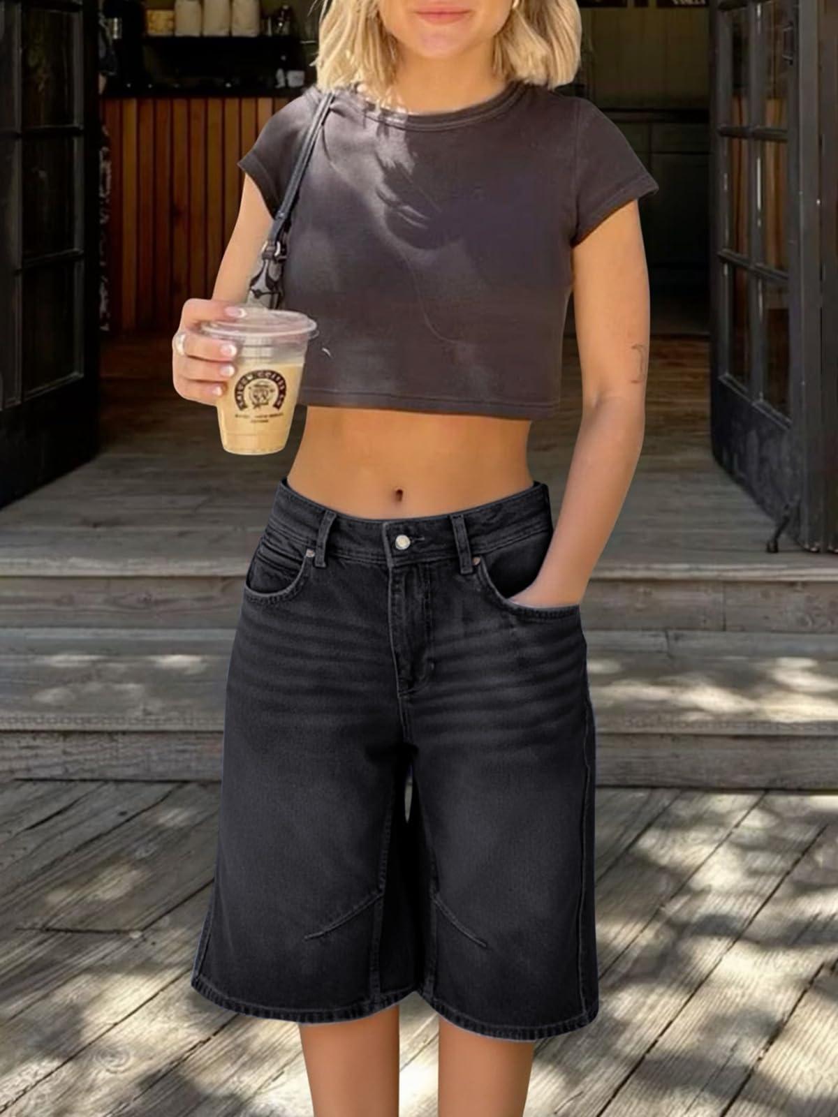 Imily Bela Womens Summer Wide Leg Denim Shorts Casual Loose Mid Rise Jorts Bermuda Knee Length Jeans Shorts