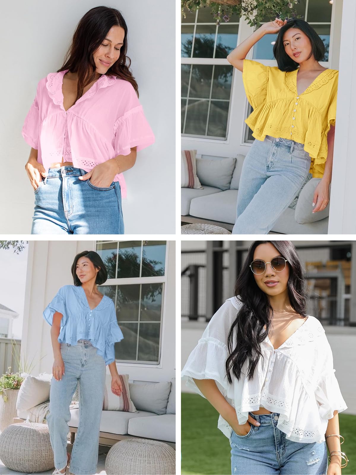 Imily Bela Womens Cropped Babydoll Tops Summer Eyelet V Neck Short Sleeve Cute Blouses Ruffle Shirts