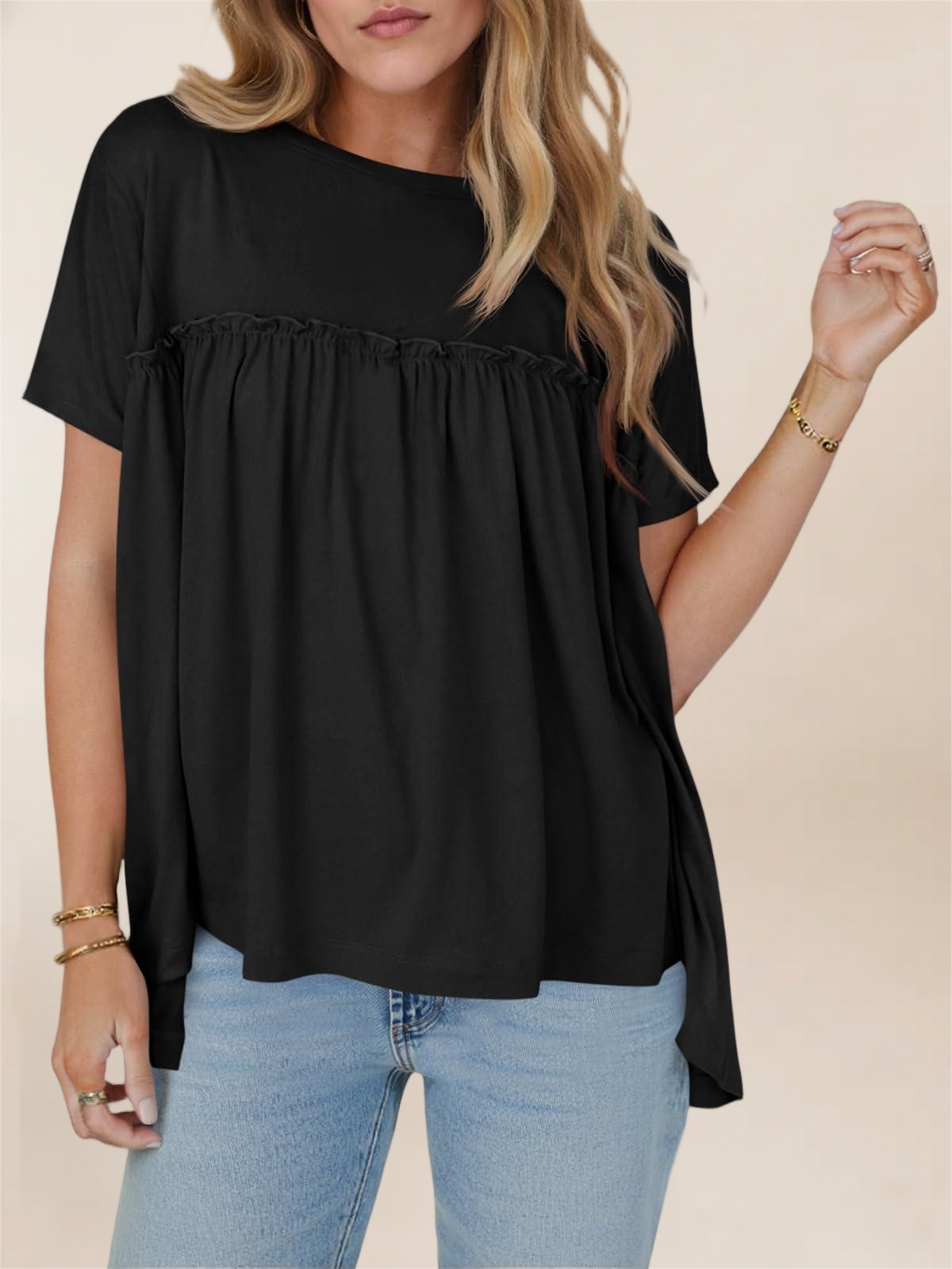 Imily Bela Women Summer Babydoll Tops Pleated Short Sleeve Crew Neck Peplum Blouse Casual Loose Fit T Shirts
