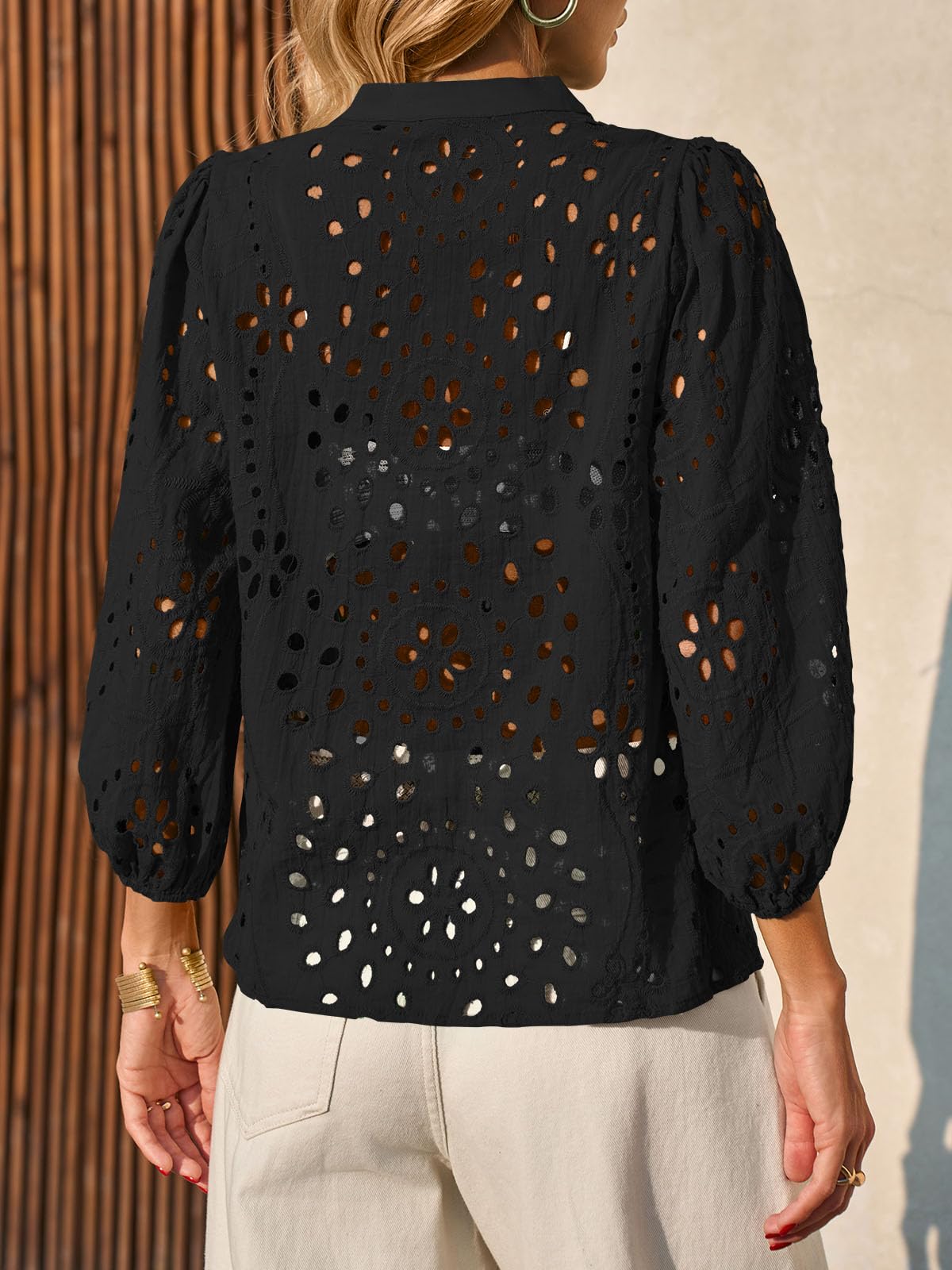 Imily Bela Womens Deep V Neck Eyelet Blouses 3/4 Balloon Sleeve Button Down Hollow Out Fall Shirts