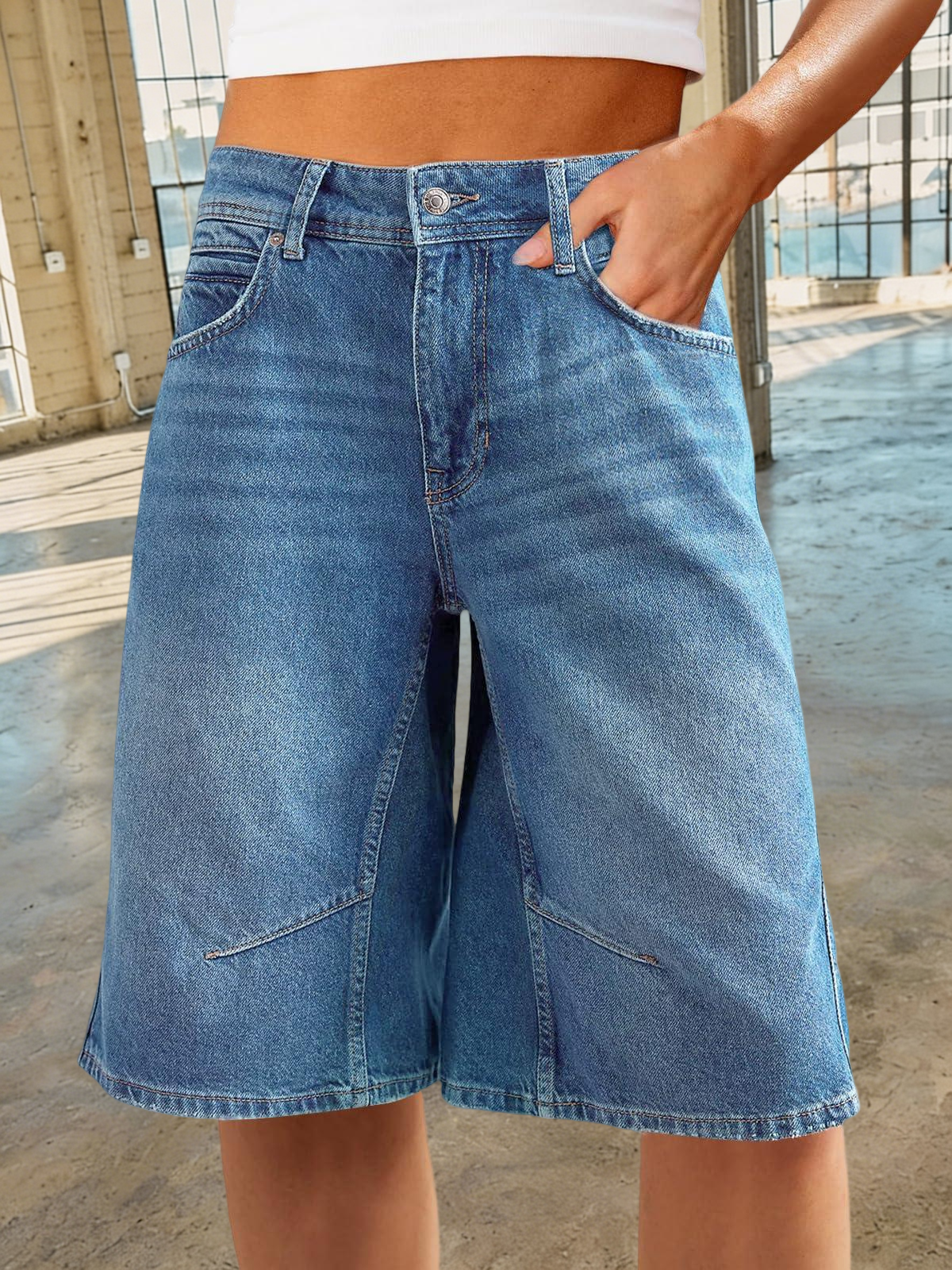 Imily Bela Womens Summer Wide Leg Denim Shorts Casual Loose Mid Rise Jorts Bermuda Knee Length Jeans Shorts