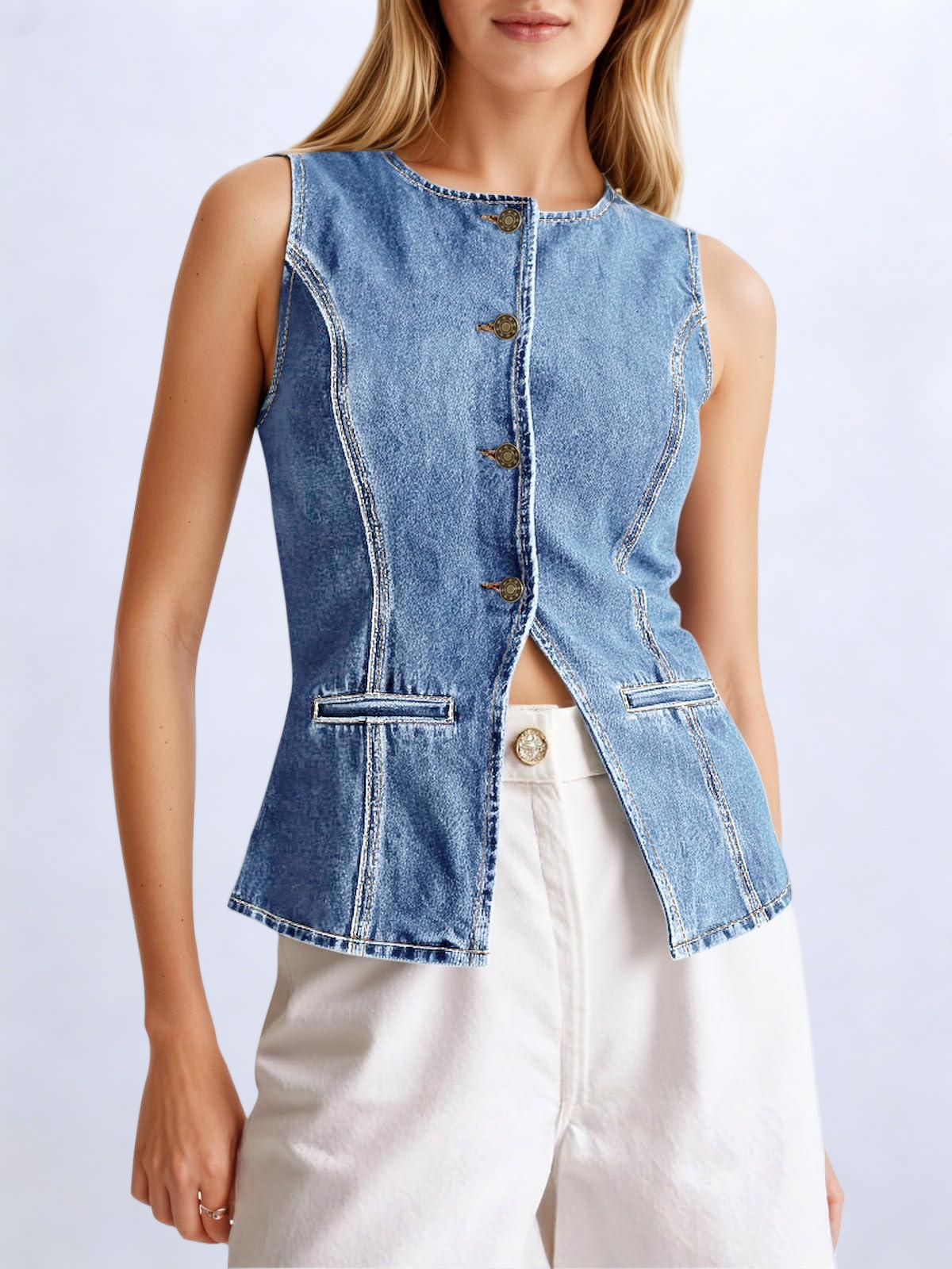 Imily Bela Womens Button Down Denim Vest Trendy Fitted Sleeveless Jean Tank Tops Crew Neck Waistcoat